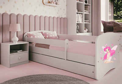 Kids Collective Kinderbett Jugendbett Kinderbett mit Rausfallschutz, Lattenrost & Schublade, 180x80 in weiß Mädchen Bett rosa Fee, Matratze optional