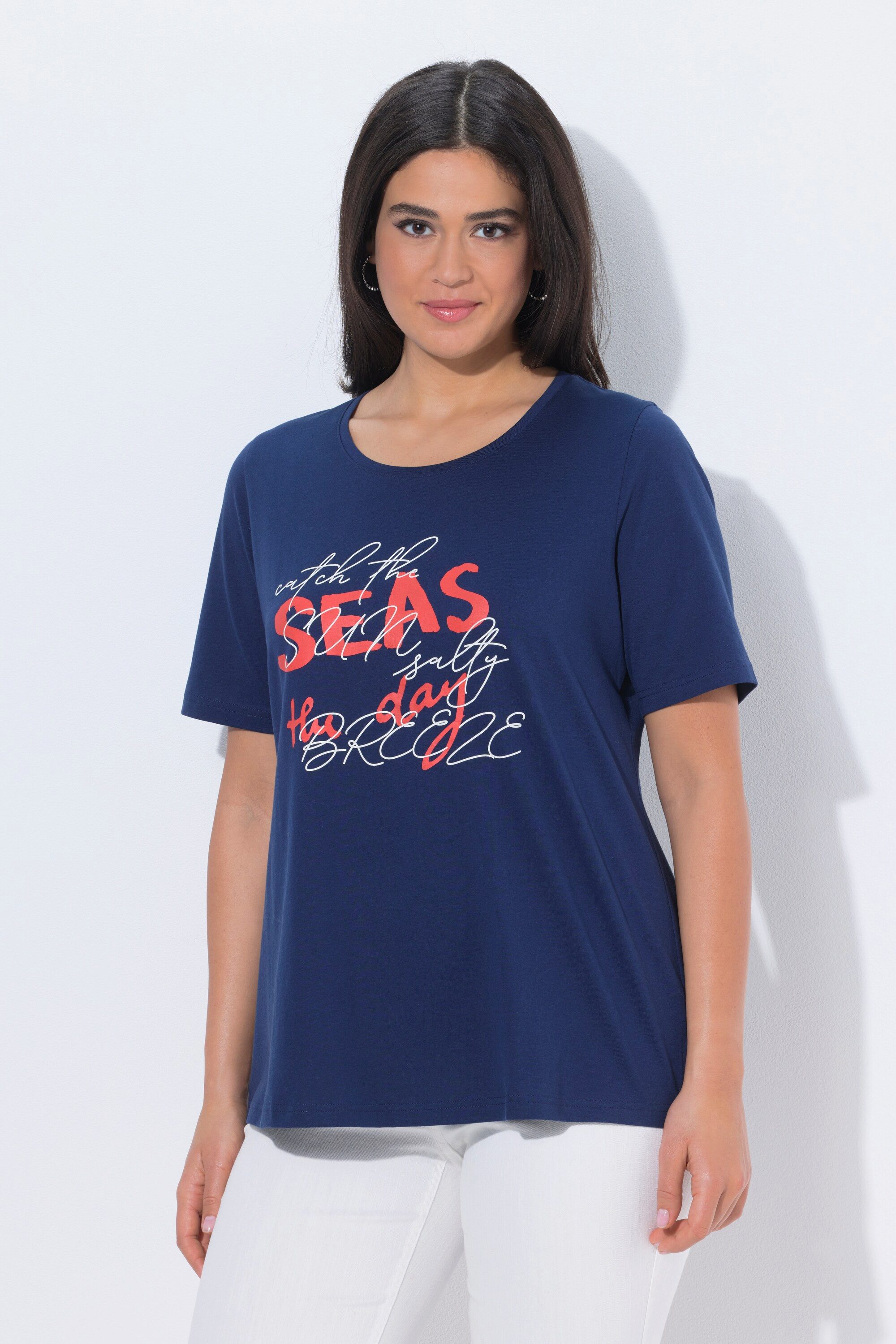 Ulla Popken T-Shirt T-Shirt Schriftmotiv Classic Rundhals Halbarm günstig online kaufen