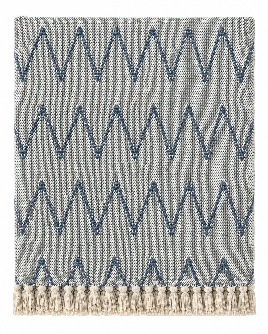 Wohndecke Off white/Staubiges Blau, AU Maison, Stilvolle Baumwolldecke mit Fransen 130x180 cm