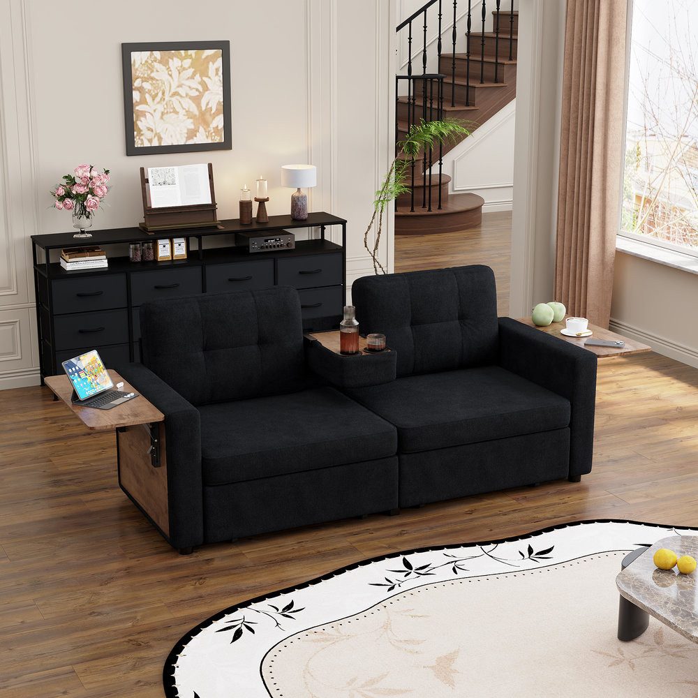 Odikalo Loungesofa 2-Sitzer-Chenille Sofa mit Staufächern und verstellbarer Sitzfläche, sofas wohnzimmer ausgestattet mit einem ausklappbaren Laptop-Tisch und Getränkehaltern, stoffsofa für das Wohnzimmer, 178 L x 71 B x 57,5 H (cm)