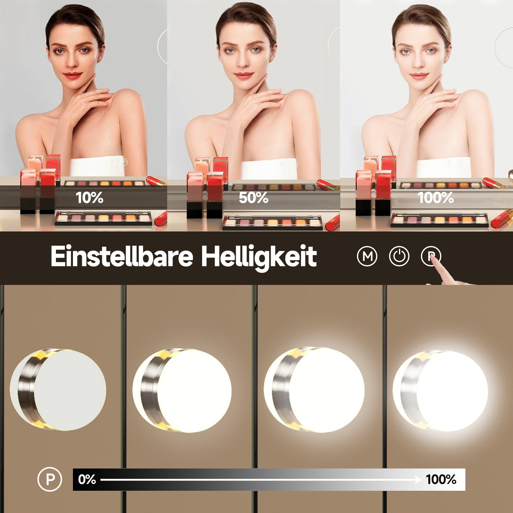Dripex Schminkspiegel Hollywood Schminkspiegel mit 15/14 LED, für Make-up, 3 Farblichter