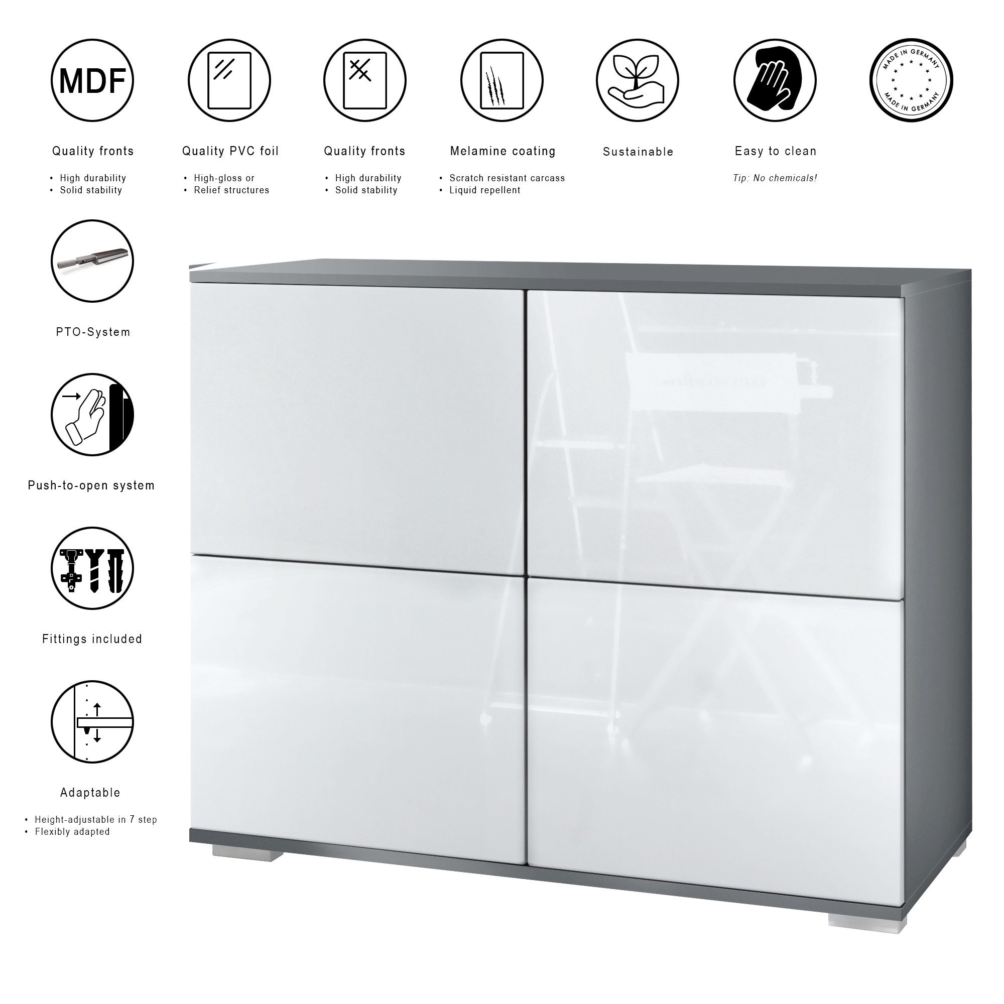 Vladon Kommode Rova V3 (Moderner Küchenschrank, mit 4 Push-to-Open Türen), Anthrazit matt / Weiß Hochglanz (92,5 x 75.5 x 35)