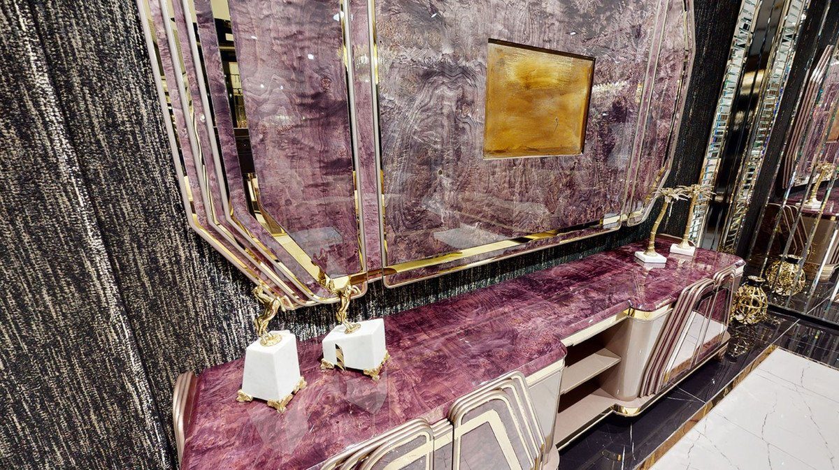 Casa Padrino TV-Schrank Luxus Art / TV Möbel Gold Wohnzimmer Prunkvolles Schrank Wohnzimmer Kollektion Lila - Rückwand - mit Grau Deco Sideboard Deco Art - TV / Luxus