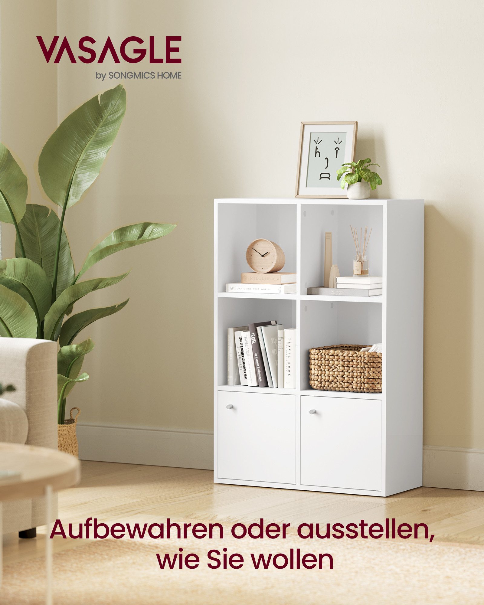 VASAGLE Bücherregal, Bücherschrank, Büro, mit 2 Türen, weiß