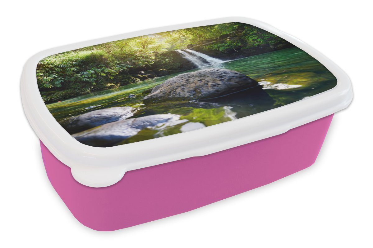 MuchoWow Lunchbox Wasserfall - Dschungel - Vereinigte Staaten, Kunststoff, (2-tlg), Brotbox für Erwachsene, Brotdose Kinder, Snackbox, Mädchen, Kunststoff rosa