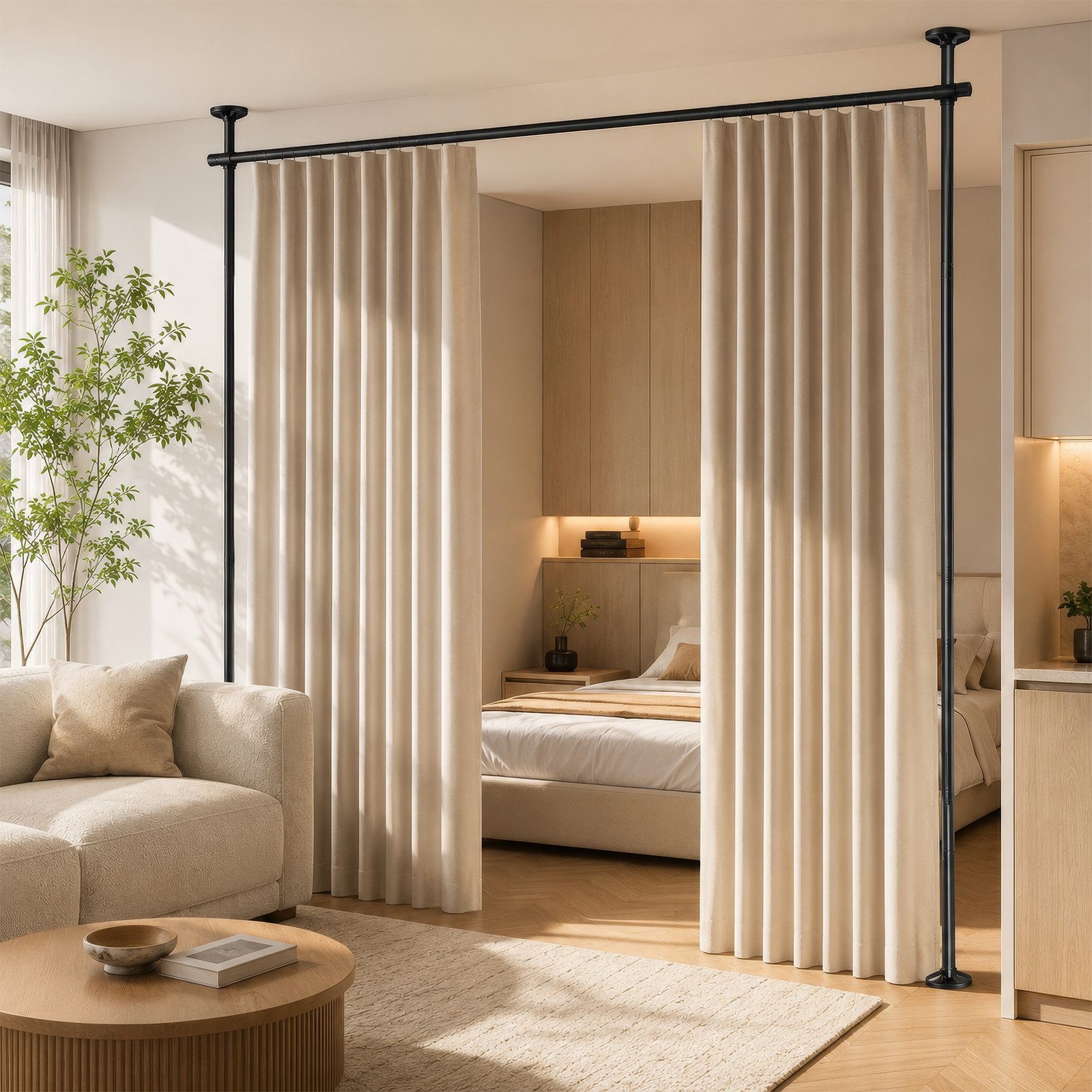 BlingBin Raumteiler Bohrfreier Raumteiler Spannstange, verstellbares Raumtrenn‑Spannsystem, 2‑vertikal 1‑horizontal, ohne Vorhang, Höhe 227‑312 cm, Breite 71‑178 cm 3-tlg., freistehende Sichtschutz Trennwand für Mietwohnung, Homeoffice, Balkon
