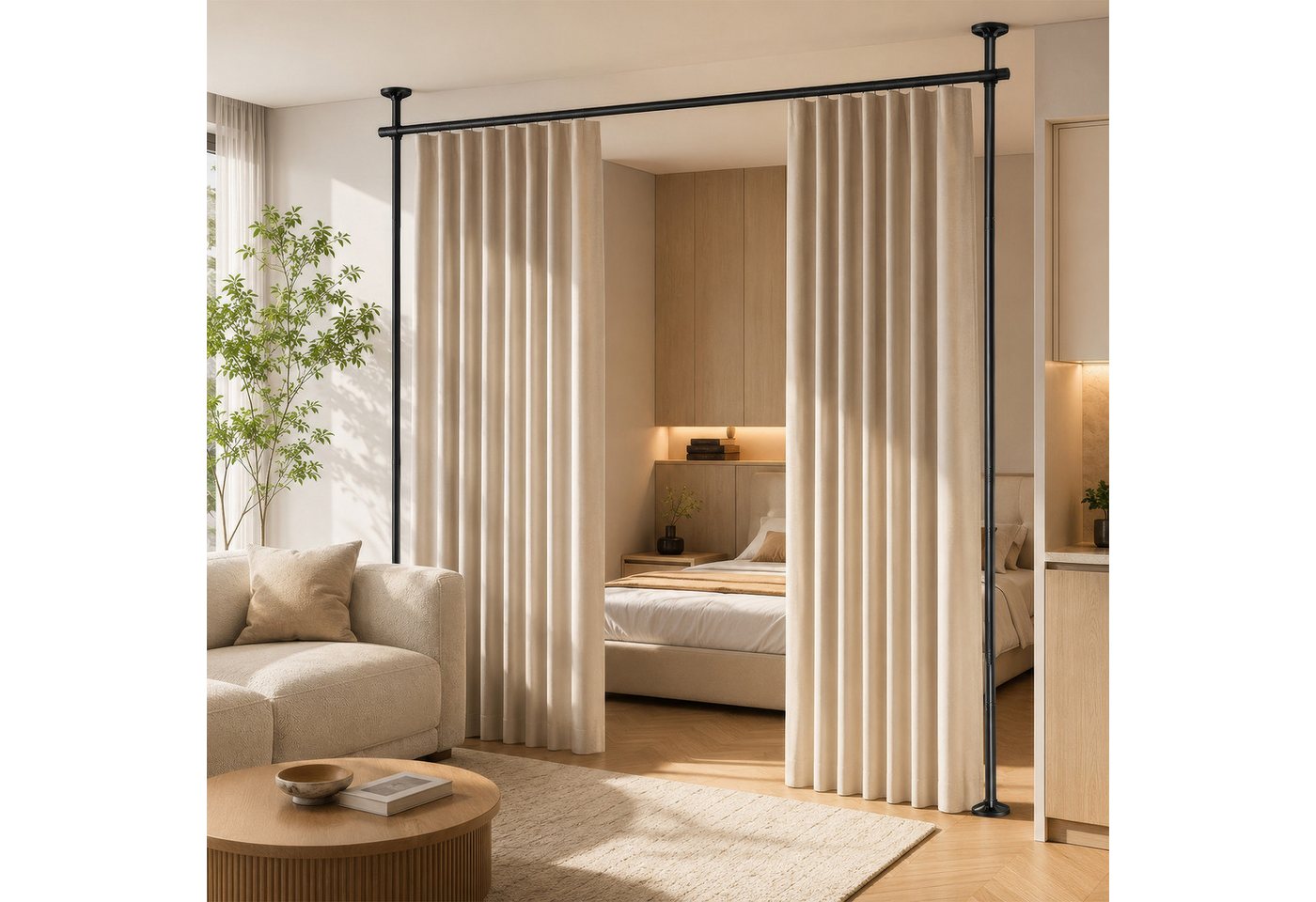 BlingBin Raumteiler Bohrfreier Raumteiler Spannstange, verstellbares Raumtrenn‑Spannsystem, 2‑vertikal 1‑horizontal, ohne Vorhang, Höhe 227‑312 cm, Breite 71‑178 cm 3-tlg., freistehende Sichtschutz Trennwand für Mietwohnung, Homeoffice, Balkon