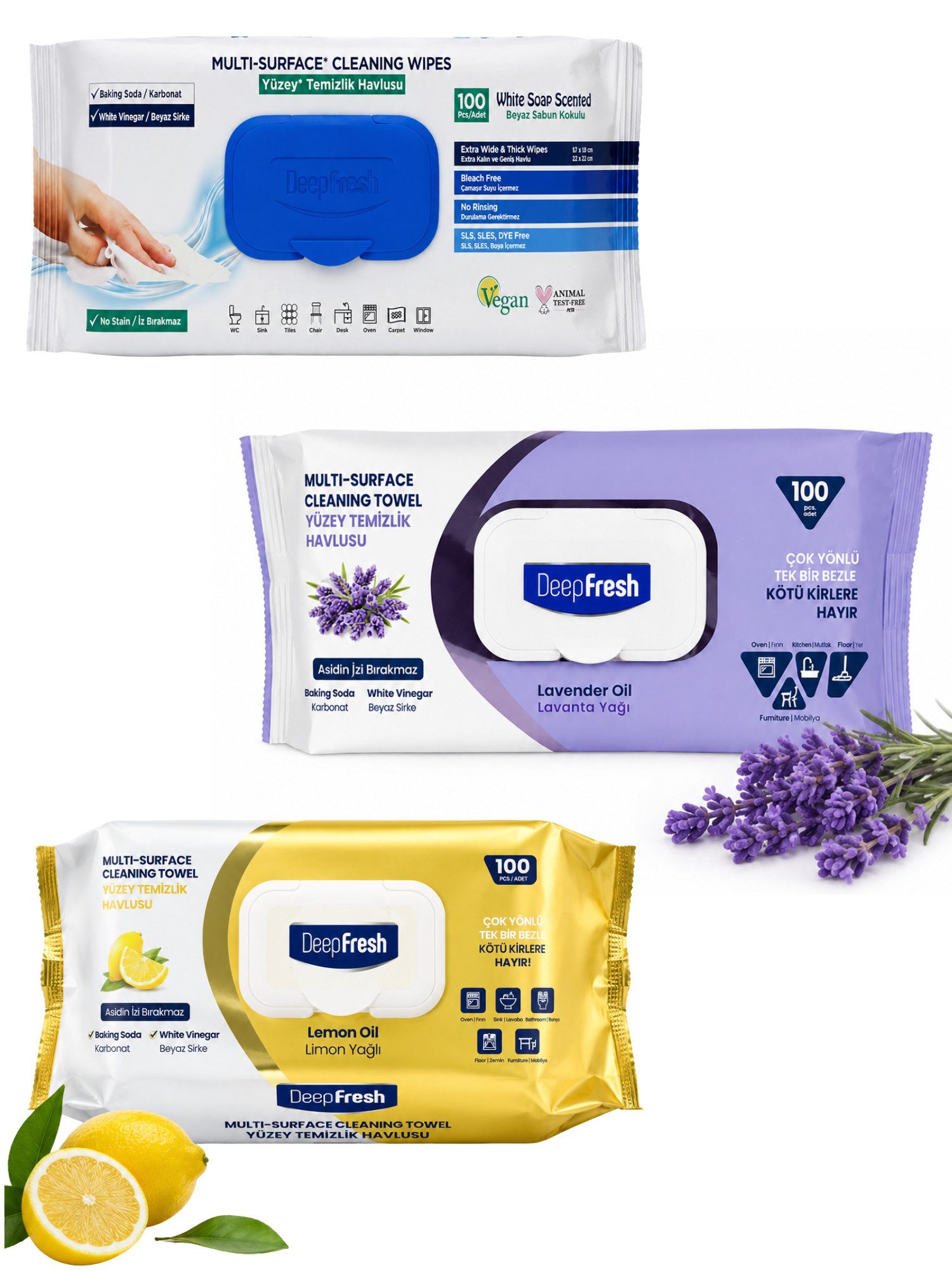 Deep Fresh Multi-Surface Reinigungstücher Weißer Seifenduft 100 Stk Reinigungstücher (Vliesstoff, Einzelpackung, 100 Reinigungstücher, Mit Backpulver, weißem Essig, extra stark, streifenfreie Reinigung)