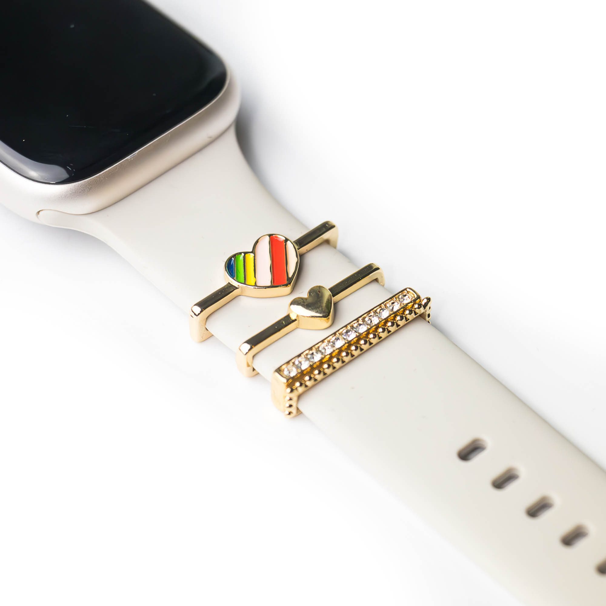 ARTVALL Smartwatch-Armband Apple Watch Charms Set 38/40/41mm & 42/44/45/49mm, Uhrenarmband Charms Regenbogenherz Strasssteine Gold