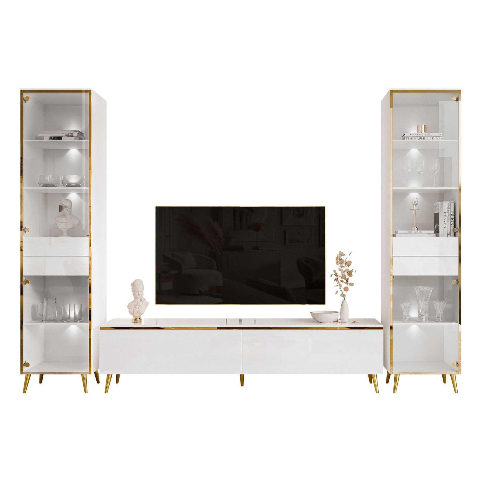 ALLHOUSE24 Wohnzimmer-Set Möbelset PEONY GOLD mit LED weiß Hochglanz Glasvi günstig online kaufen