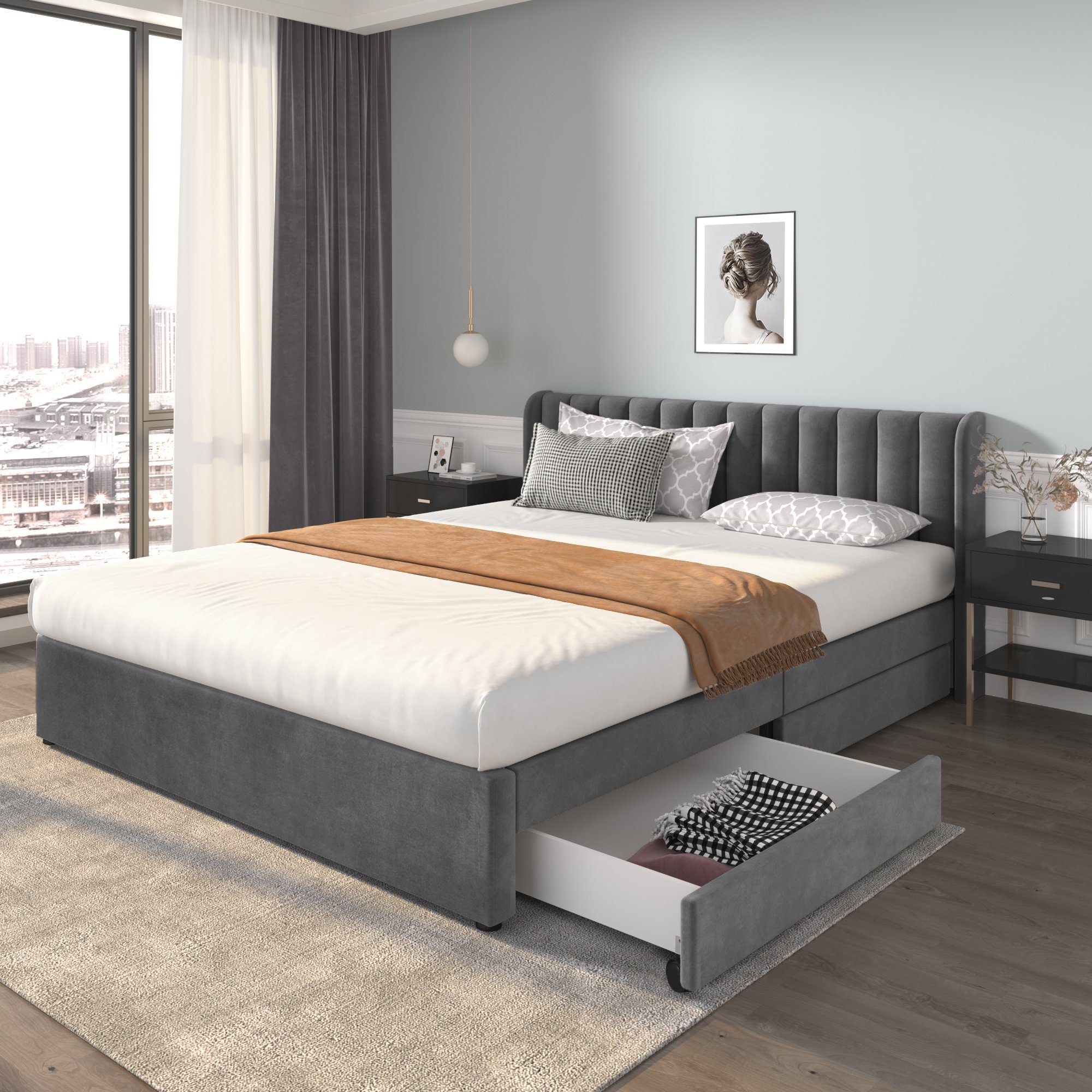 REDOM Polsterbett Doppelbett Stauraumbett Bett mit Lattenrost ohne Matratze (180 x 200 cm), Schlichter und stilvoller Samt-Look