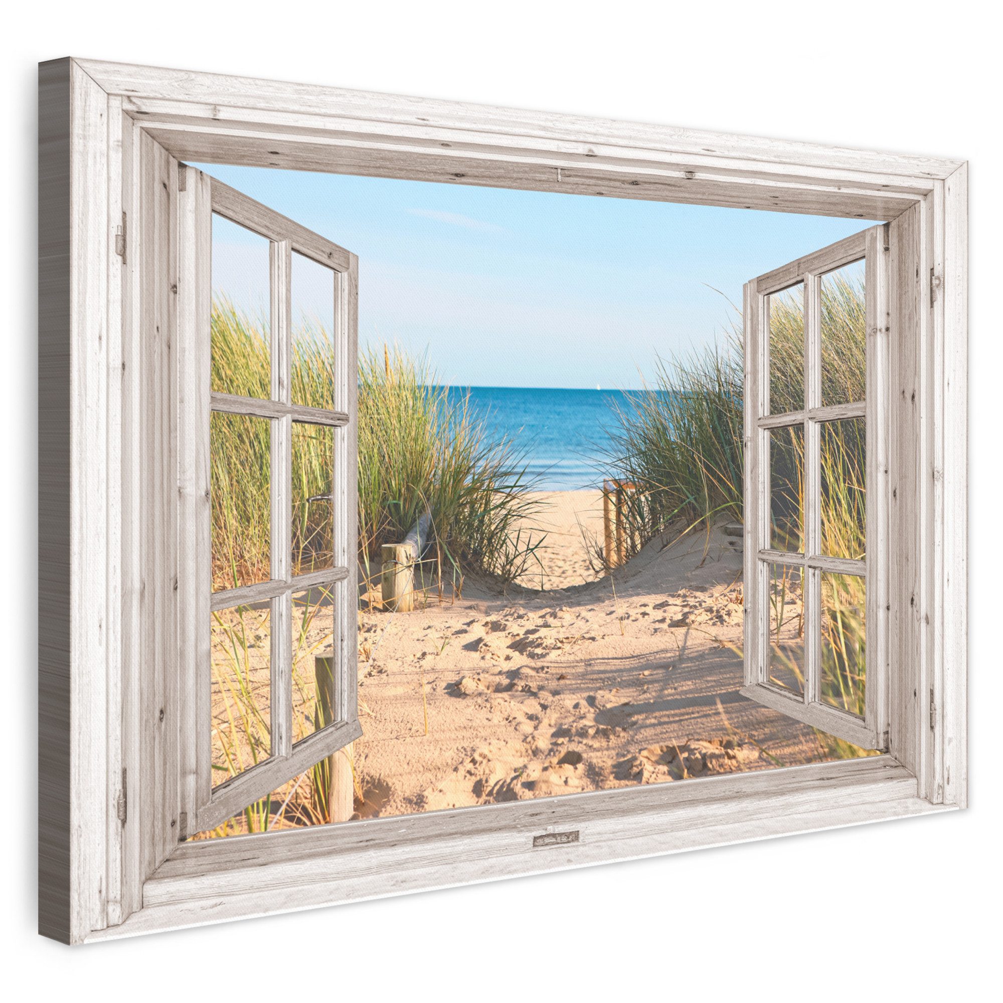 OneMillionCanvasses® Leinwandbild Durchblick - Strand - Meer - Dünen - Sand - Wasser - Hochgras, Fotodruck (1 St), Leinwand Bilder Klein, Wand Dekoration Aesthetic 30x20 cm