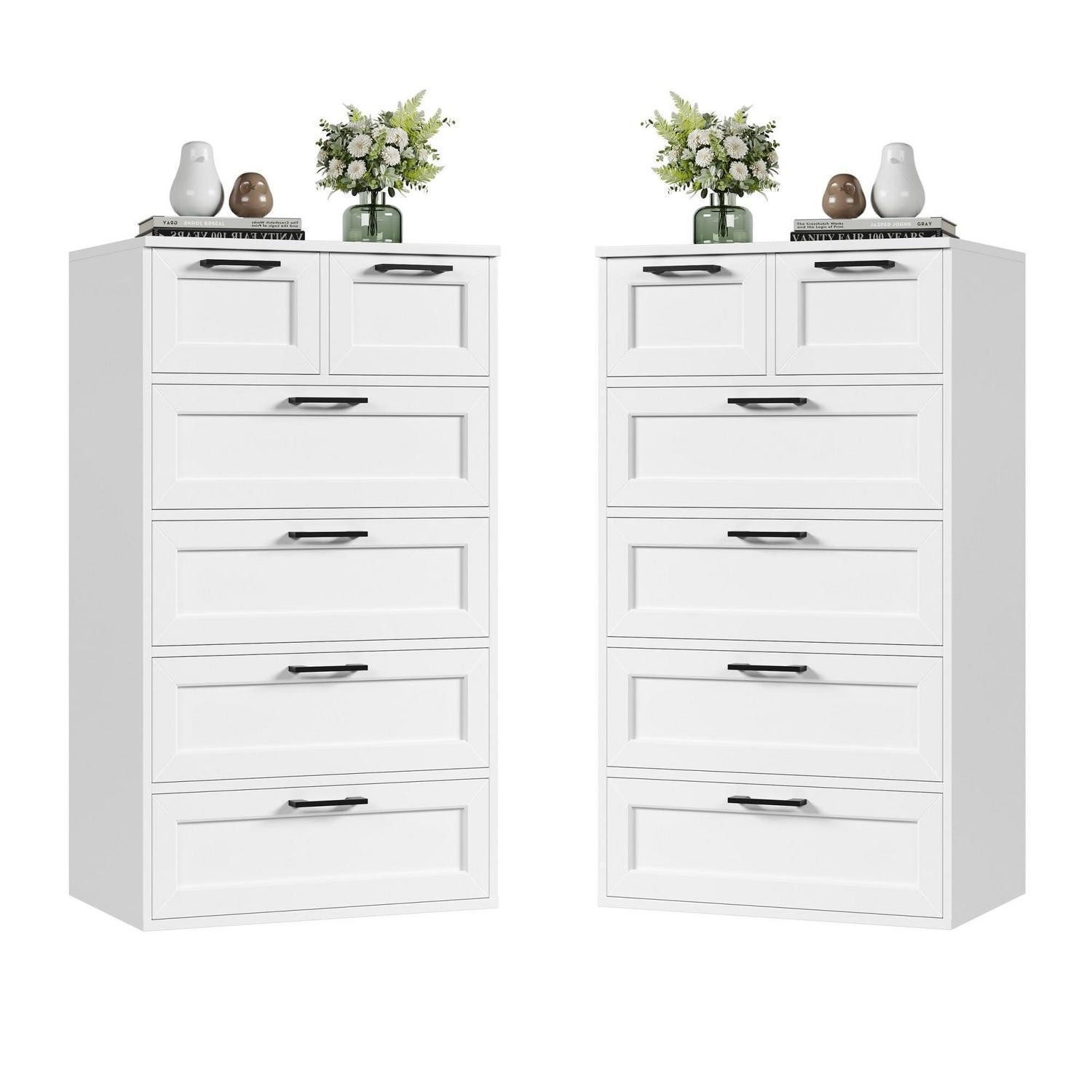 Hochkommode Kommode 6 Schubladen weiß Holz hoch modern 2er Set