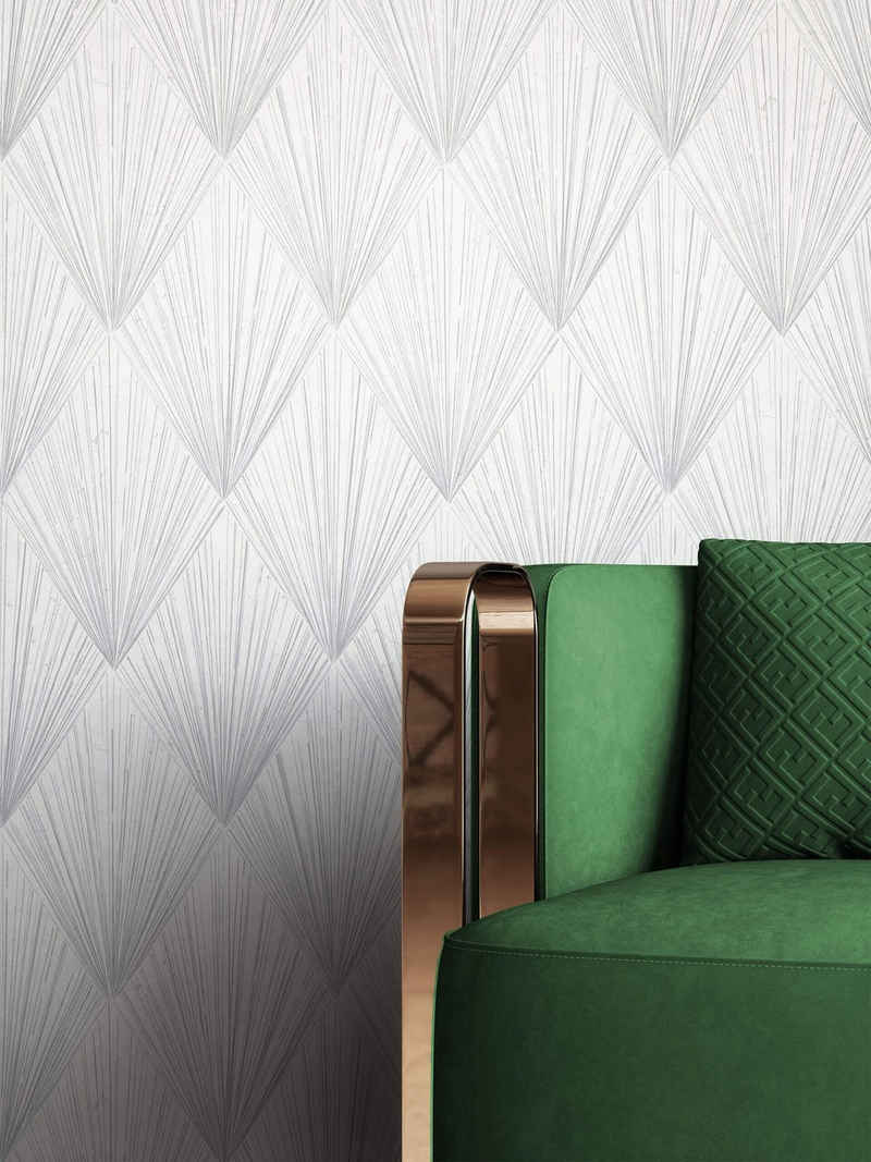 Newroom Vliestapete, Grau Tapete Grafisch Linien - Mustertapete Grafiktapete Weiß Silber Geometrisch Modern Strahlen Grafik für Wohnzimmer Schlafzimmer Küche