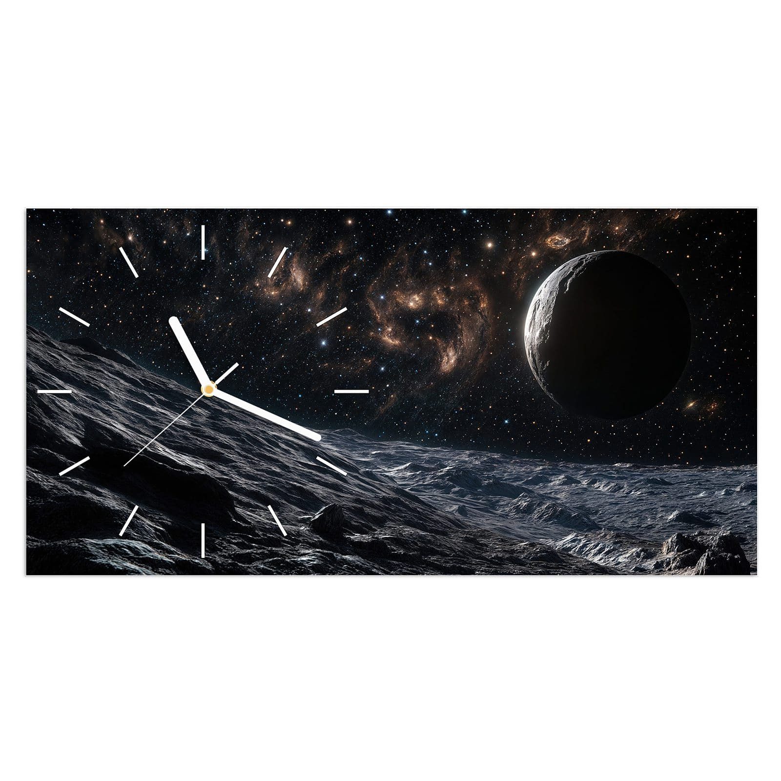 Wanduhr Glasuhr Wandkunst Größe 60 x 30 cm mit Motiv Weltraumlandschaft