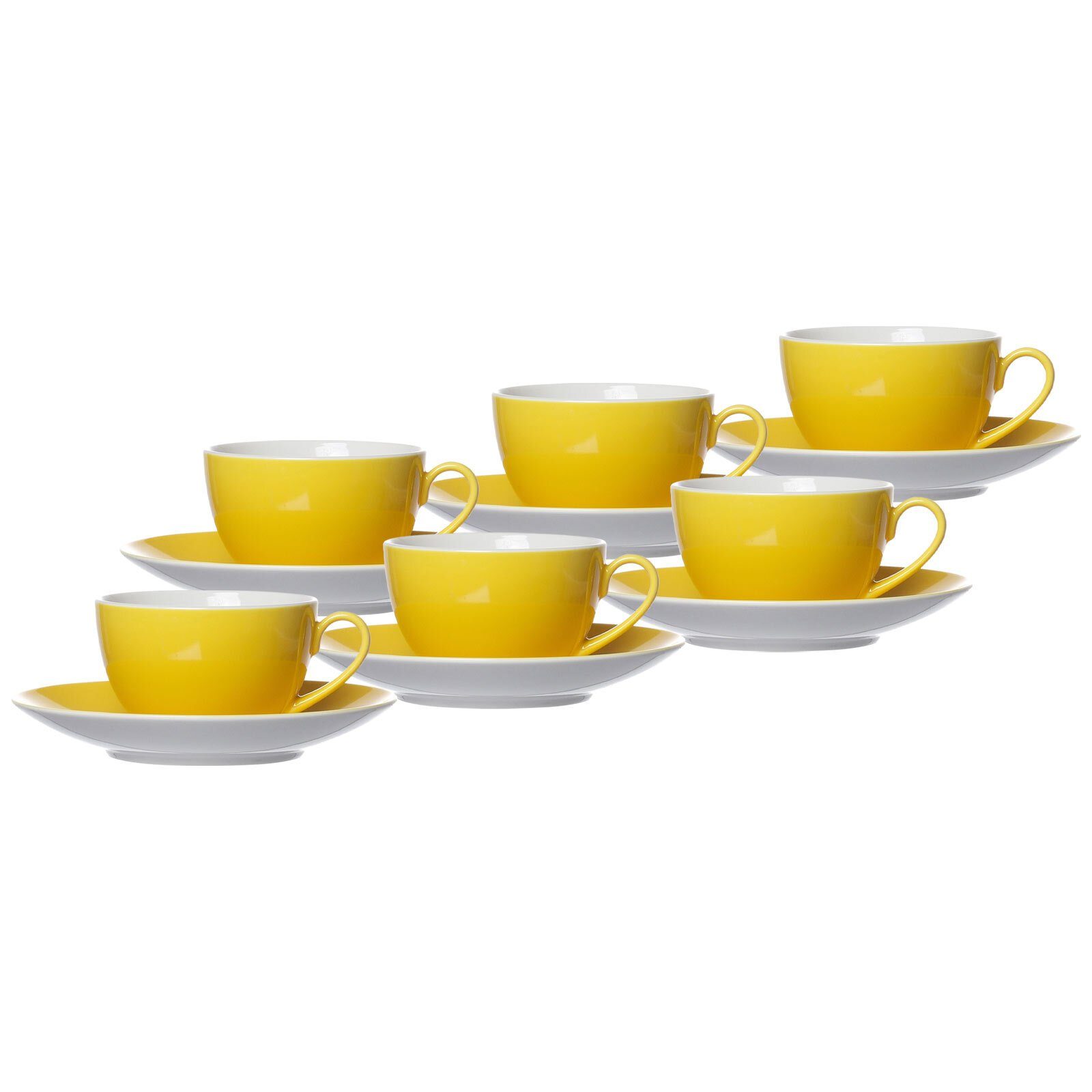 Ritzenhoff & Breker Tasse Doppio Kaffeetassen mit Untertassen 200 ml 6er Set, Porzellan Gelb