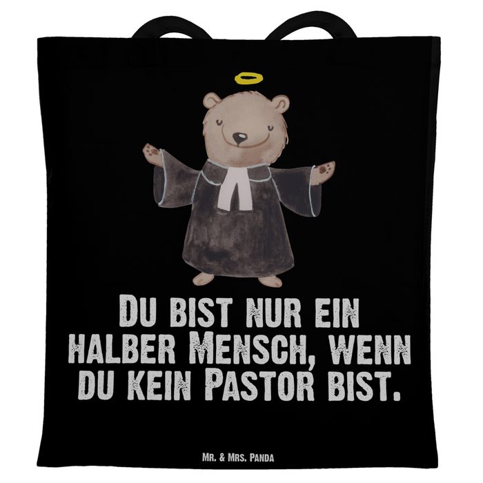 Mr. & Mrs. Panda Tragetasche Pastor mit Herz - Schwarz - Geschenk Rente Pfarrer Kirche Jutebeu (1-tlg)