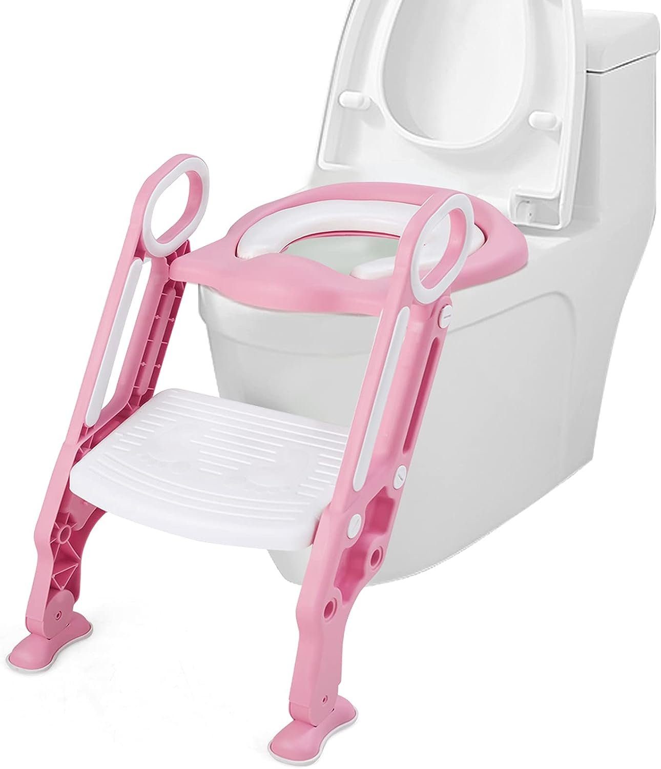 KOMFOTTEU Baby-Toilettensitz Töpfchentrainer, mit Treppe Armlehnen, klappbar und höhenverstellbar