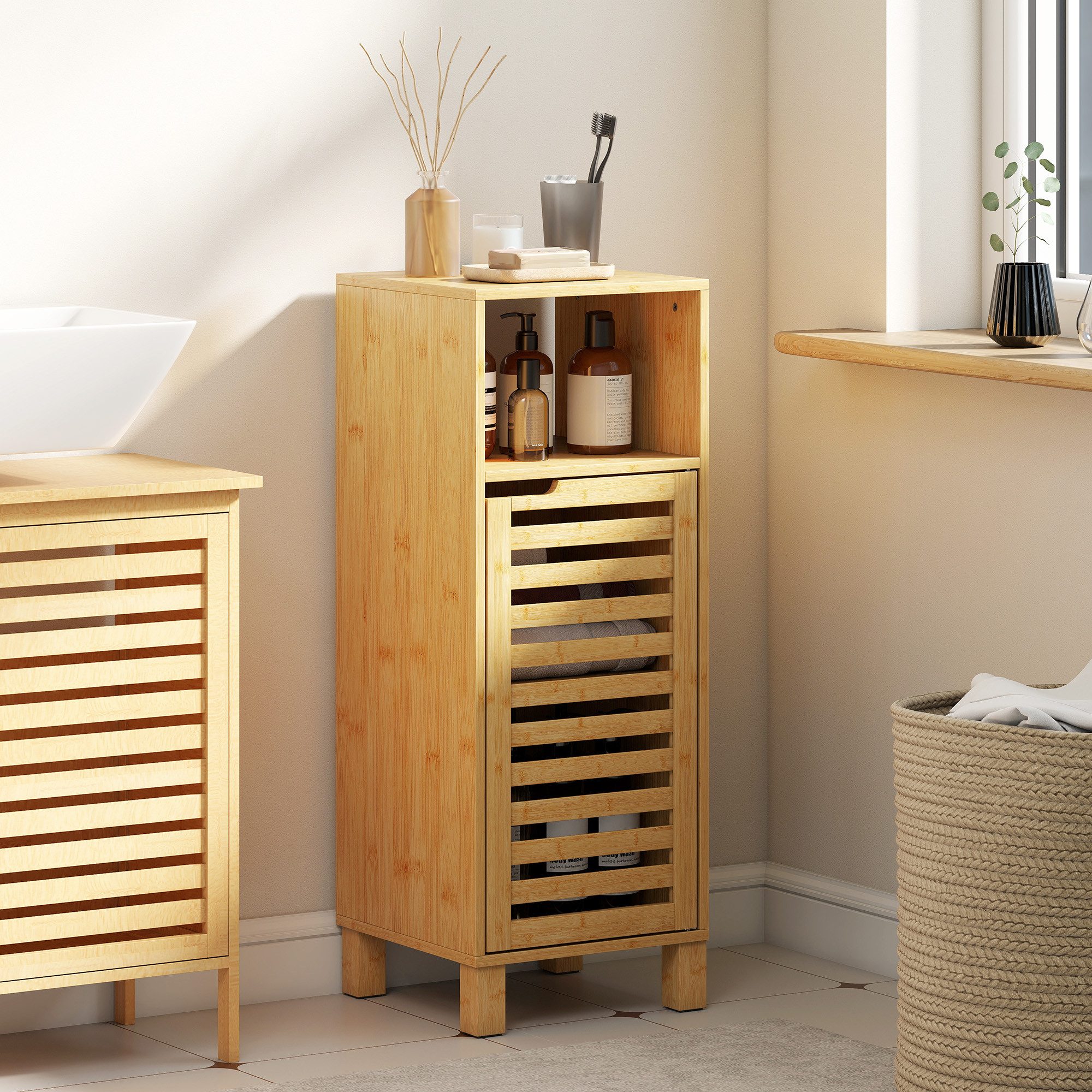 HOMCOM Badkommode mit verstellbaren Regalen, offenem Fach (Badschrank, 1 St., Badezimmerschrank), für Badezimmer, kleine Räume, 30 x 30 x 80 cm, Naturholz