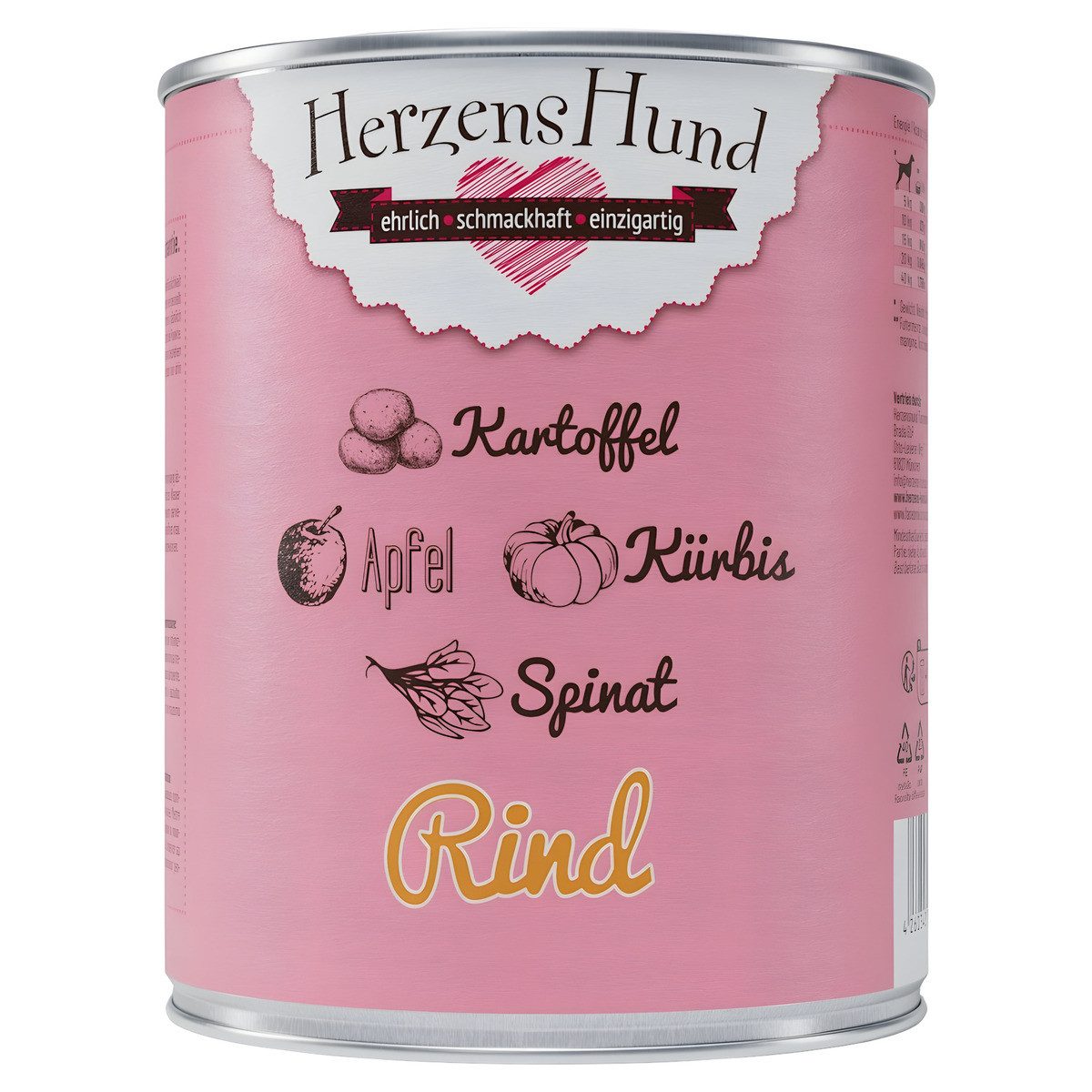 Herzenshund Rind mit Kartoffel, Kürbis, Apfel, Spinat, Leinöl 800 g - 6 Stück, Nassfutter für: Hund