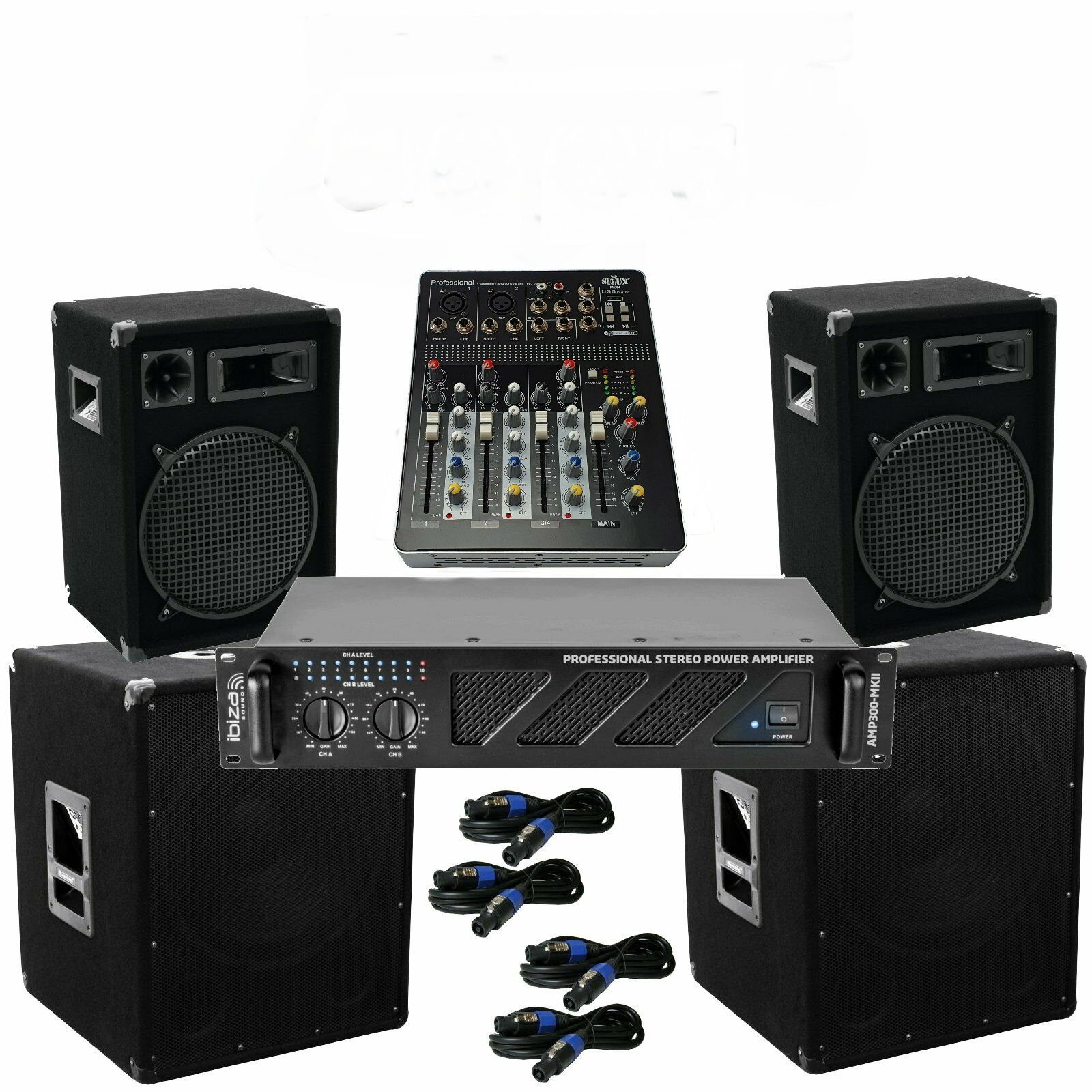 DSX Pa Set 3040 Watt 3 Wege 30cm Boxen Subwoofer 38cm Verstärker Mixer Stereo Lautsprecher (1400 W)