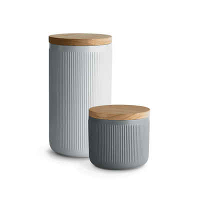 Springlane Vorratsdose Keramik Vorratsdosen-Set Stripes mit Holzdecke, Kautschukholz, Keramik, Silikon