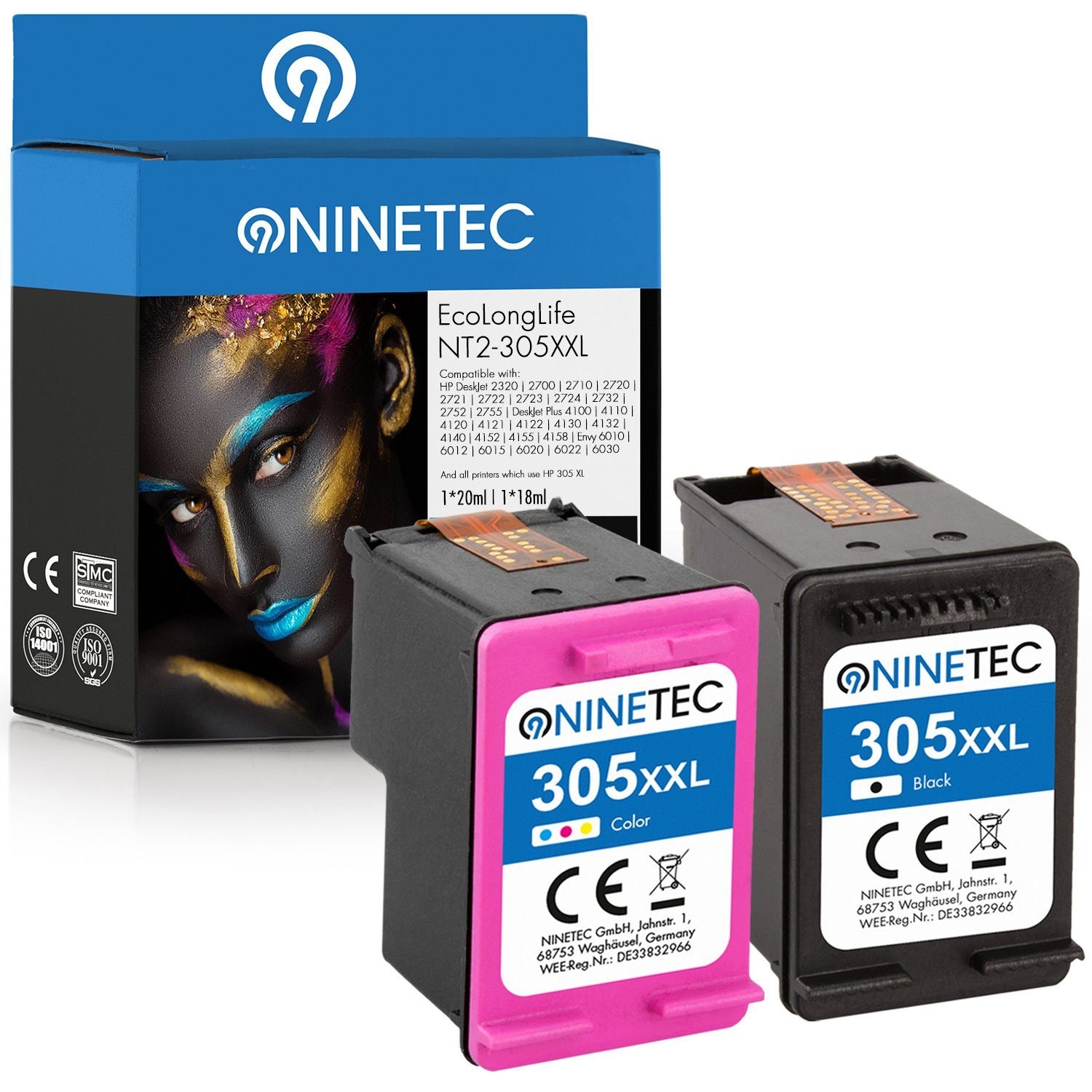 NINETEC 2er Set EcoLonglife ersetzt HP 305 305XL XL XXL über 375% mehr Inhalt! Tintenpatrone