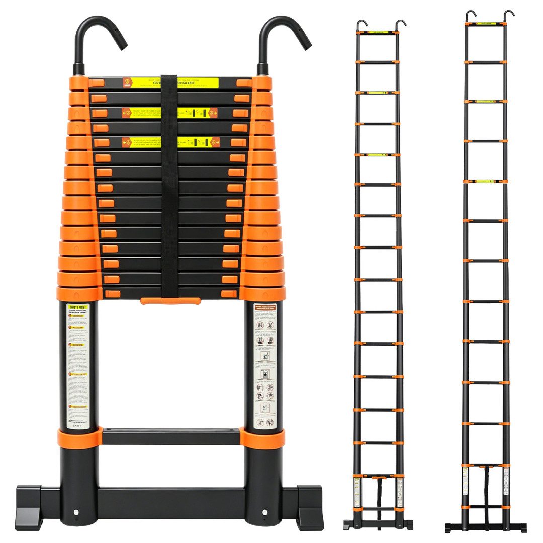 SunJas Teleskopleiter 4.7m/5M Ausziehleiter Anlegeleiter Multifunktionsleiter bis 150kg (mit abnehmbaren Haken, Außen‑Arbeitsleiter,höhenverstellbare Leiter,schwere Teleskopleiter)