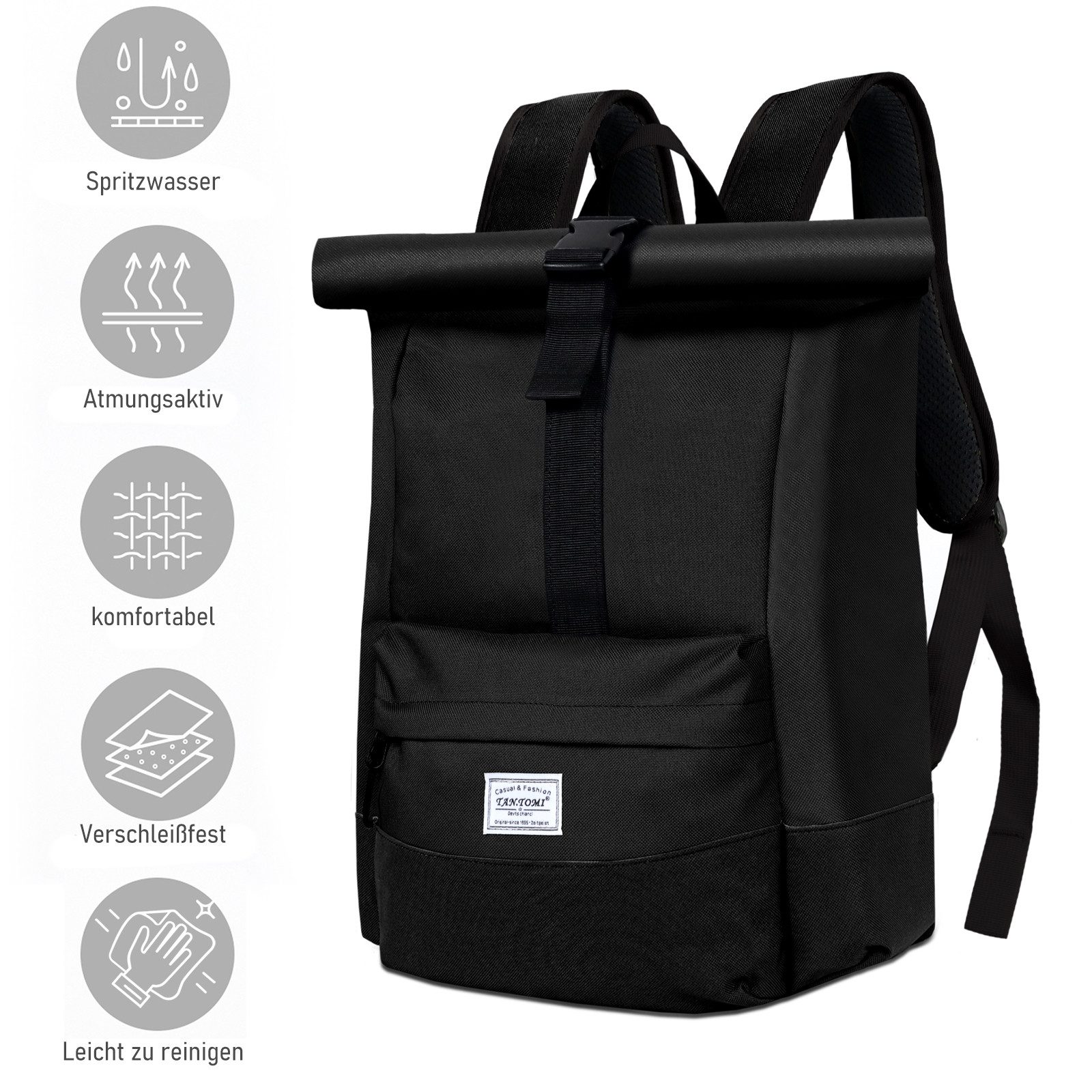 TAN.TOMI Cityrucksack Rolltop Rucksack Damen Herren Tagesrucksack mit Laptopfach, Modern Rolltop Rucksack Daypack, Wasserabweisend – Bild 4 von 5