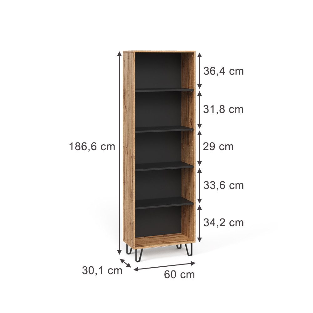 Vicco Bücherregal Amber, Eiche Wotan/Schwarz, 60 günstig online kaufen