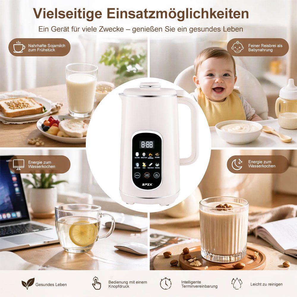 SPZK Küchenmaschine 8‑in‑1 Multifunktionaler Sojamilch‑ und Nussmilchbereiter, 1,2 L Kapazität mit Digital‑Display, Selbstreinigung, Startzeitvorwahl & Warmhalt – Bild 5 von 5