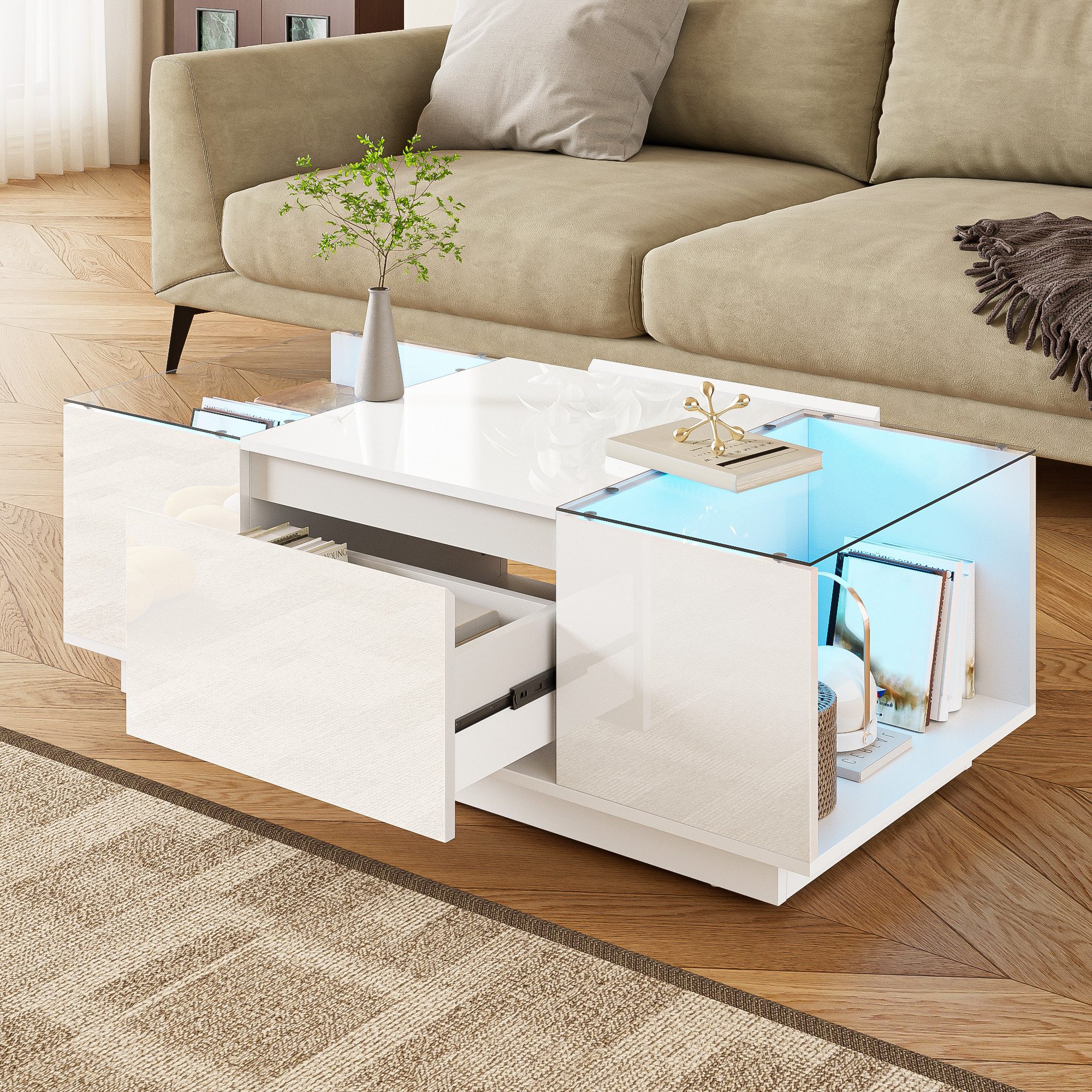 Couchtisch mit Stauraum – 2 Schubladen & offene Ablagen
