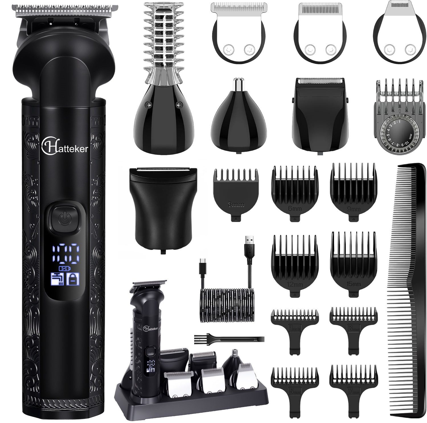 HATTEKER Haarschneider HT-609, Bartschneider, Rasierer, T-Klinge Trimmer, mit Ultra Sharp Klinge 8-in-1