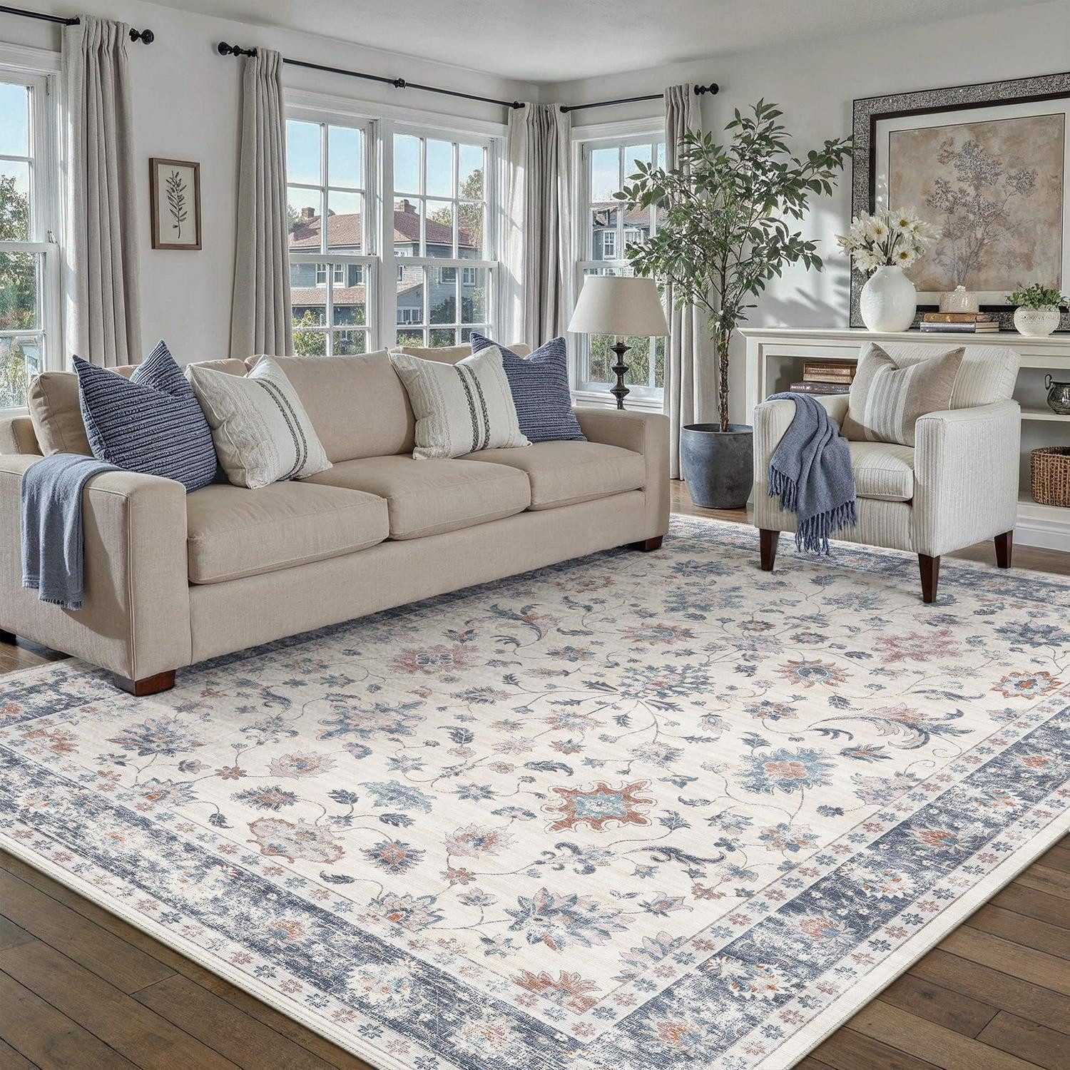 LuxusKollektion Teppich Teppich Blau&Weiß 160x230cm Waschbar Secret Garden, rechteckig, Höhe: 5 mm