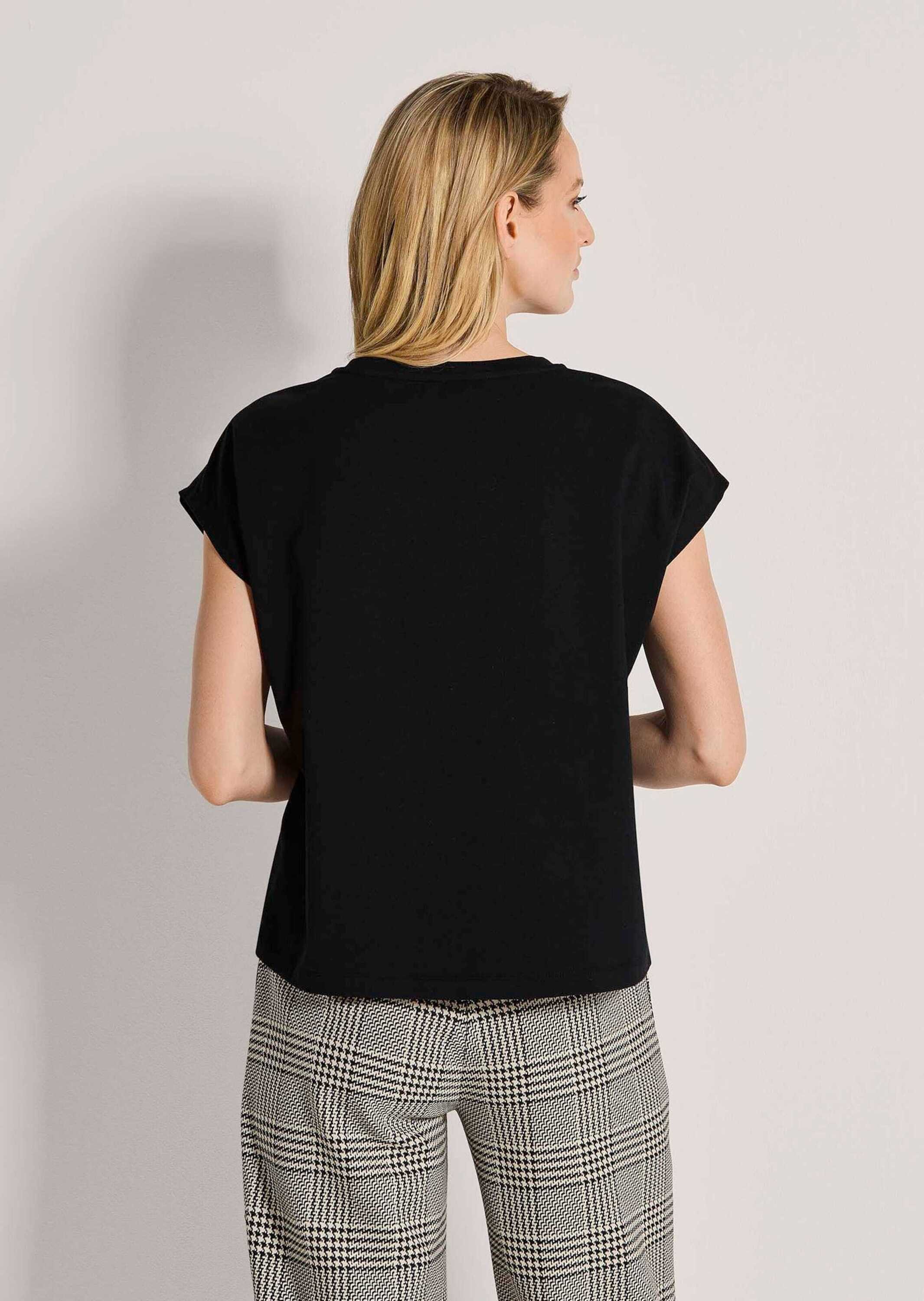 MADELEINE Kurzarmshirt Pailletten-Shirt mit Blütenmotiv Ärmellos mit Rundhalsblende & überschnittener Schulter
