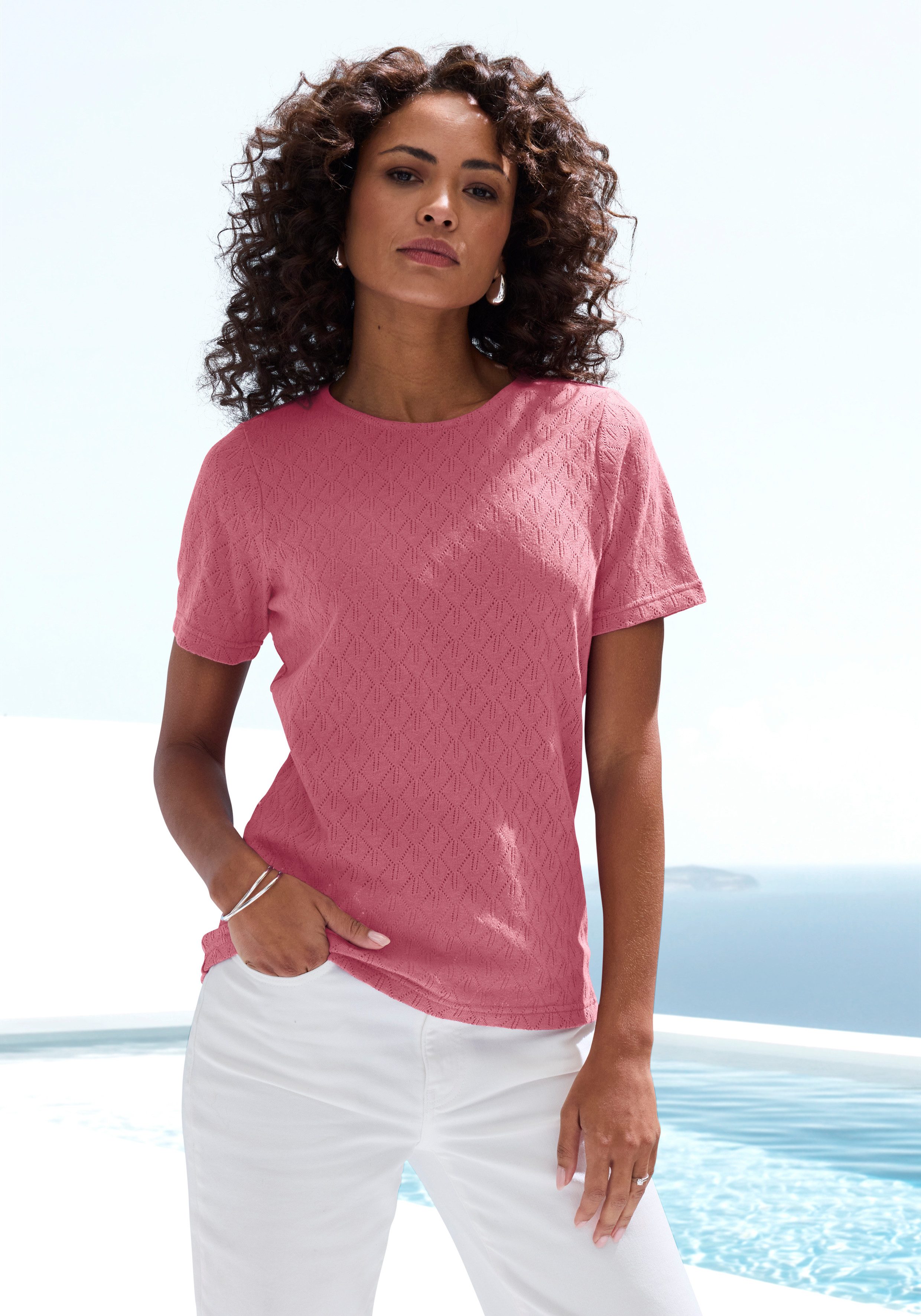 Vivance Kurzarmshirt mit modischem Ajour-Muster aus weicher Baumwoll-Qualität