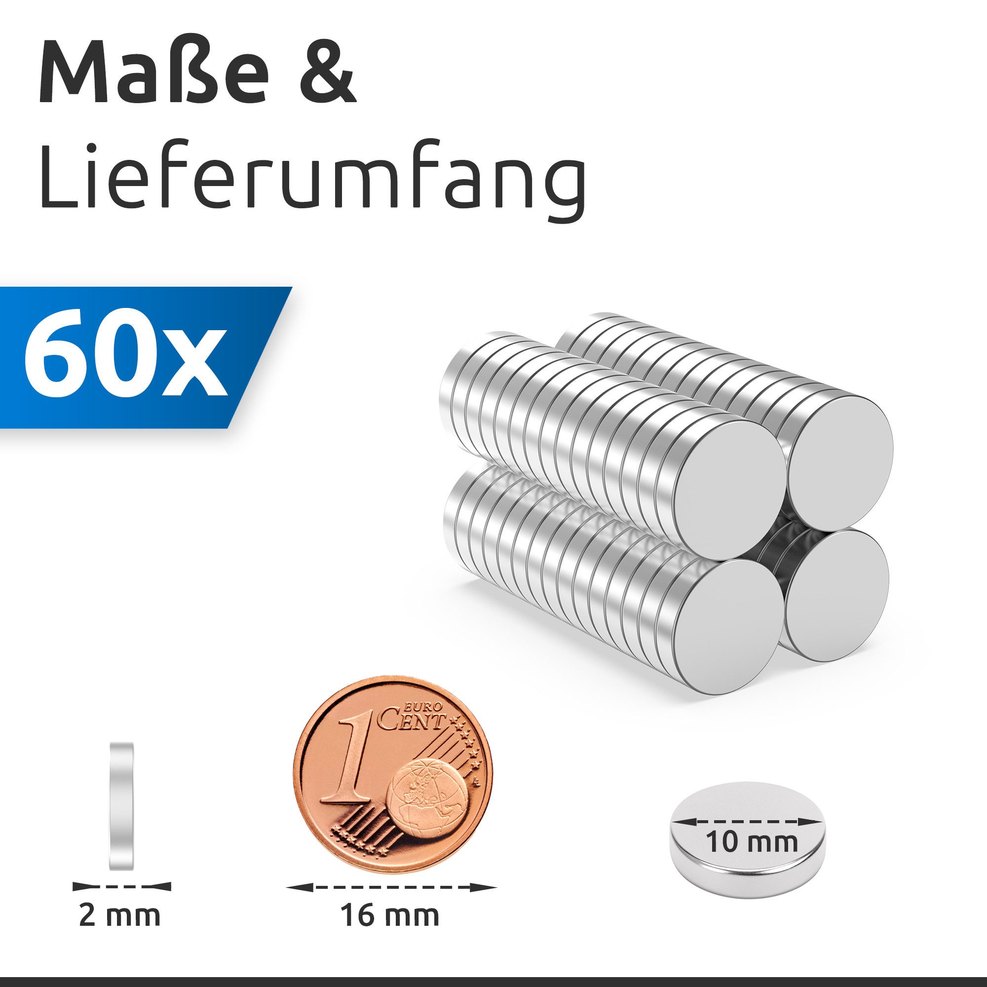 ECENCE Magnet 60x Neodym Magnete rund 10x2mm - - Extrem Stark (60-St) – Bild 4 von 5