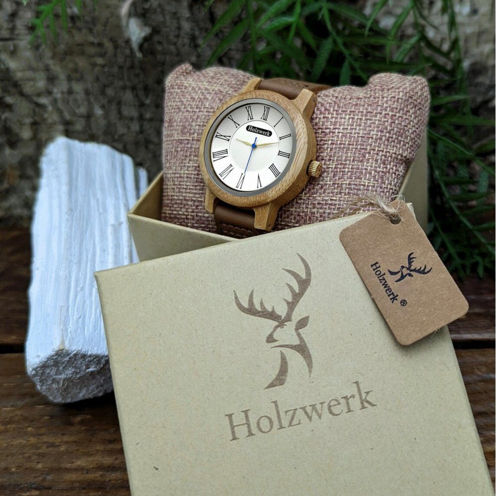 Holz Armband kleine Quarzuhr römische weiß AICHTAL Damen Holzwerk Uhr, Ziffern, braun,