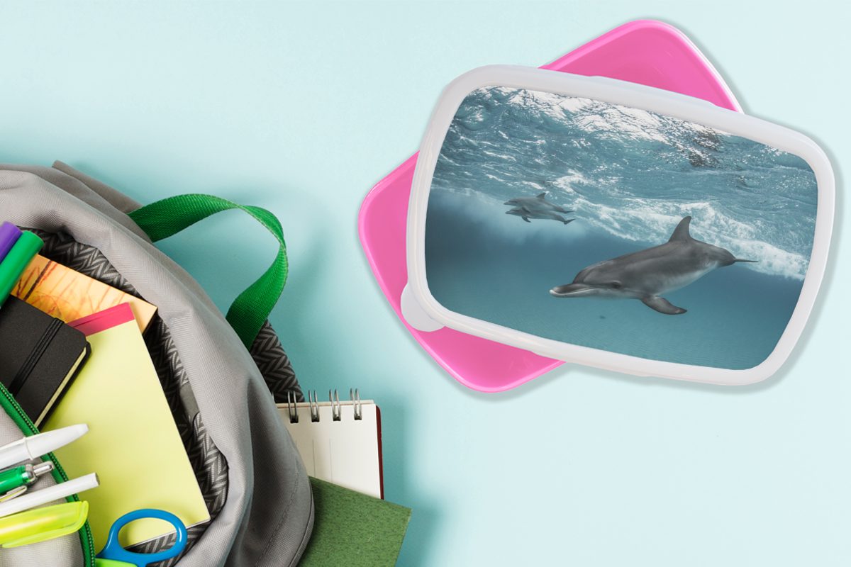 MuchoWow Lunchbox Delfin - Wasser Mädchen, Kunststoff Erwachsene, - Brotdose Kinder, (2-tlg), Snackbox, Meer, für Brotbox rosa Kunststoff