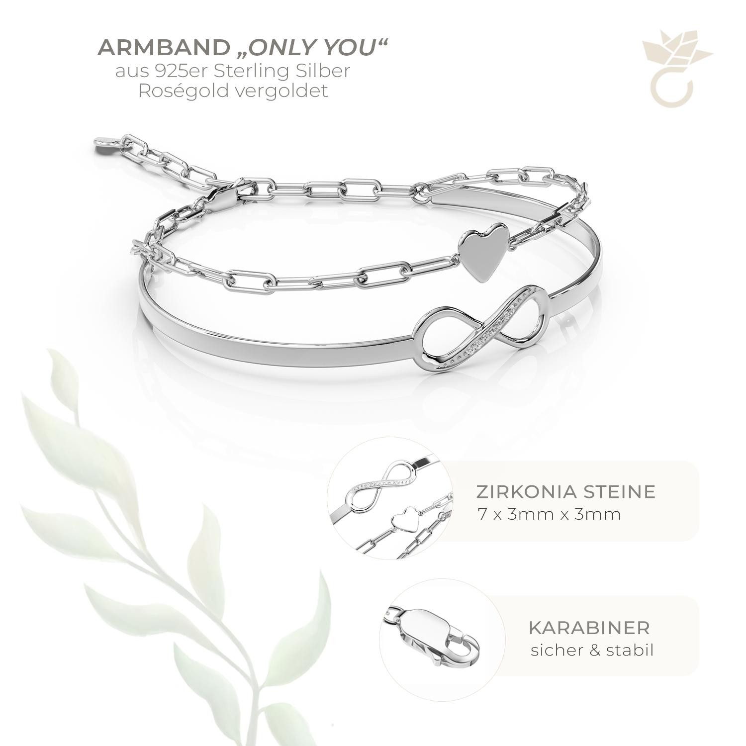 Amoonic Armband Damen Infinity Armband Sterling Silber 925 mit Zirkonia Silberarmband (inkl. Schmucktäschchen), Armband Silber, Gold Rosegold vergoldet Armkette und Armreif in einem