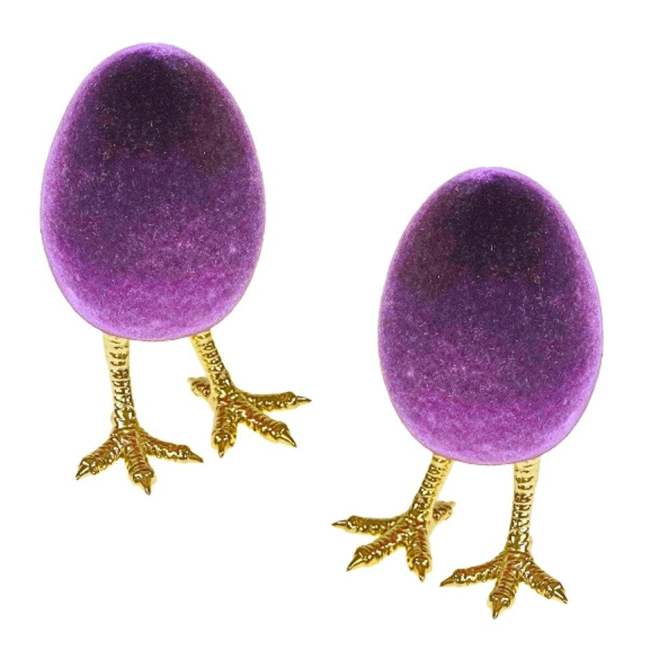 Macosa Home Osterei Dekoeier auf Füßen 2er Set Orange, Pink oder Lila Gold (Kunststoff beflockt Osterdekoration, 2 St., Tischdeko Dekofigur Ostern), 12 cm Ei Osterdeko Osterei Osterdekoration