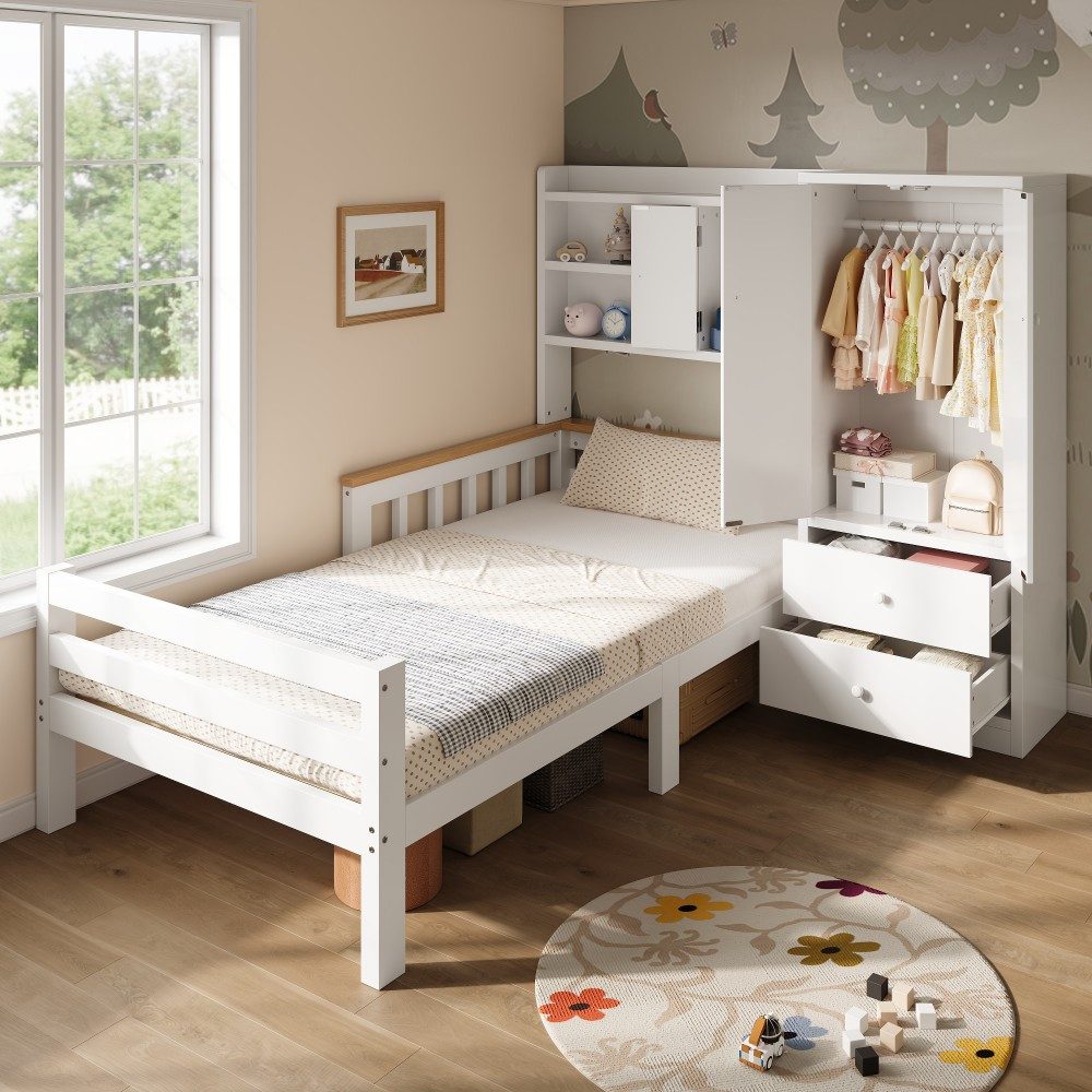 TavilaEcon Kinderbett Multifunktionsbett mit Kleiderschrank, Schubladen und offenen Regalen (1-tlg), mit stabilen Latten und Rausfallschutz, 90×200cm, weiß