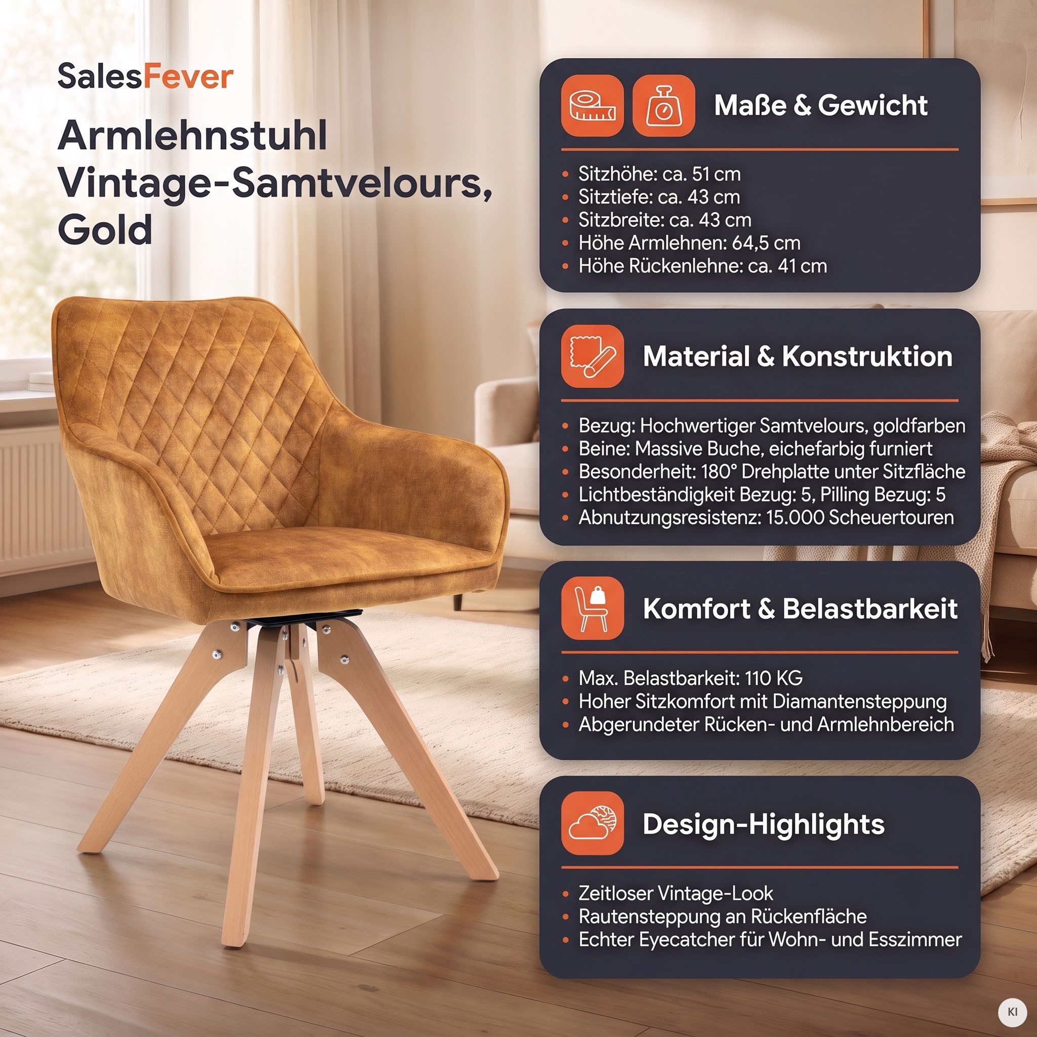 SalesFever Armlehnstuhl Växjö - Esszimmerstuhl Komfort und Stil (1 St), Sitzkomfort neu definiert: 180° Drehplatte inklusive!