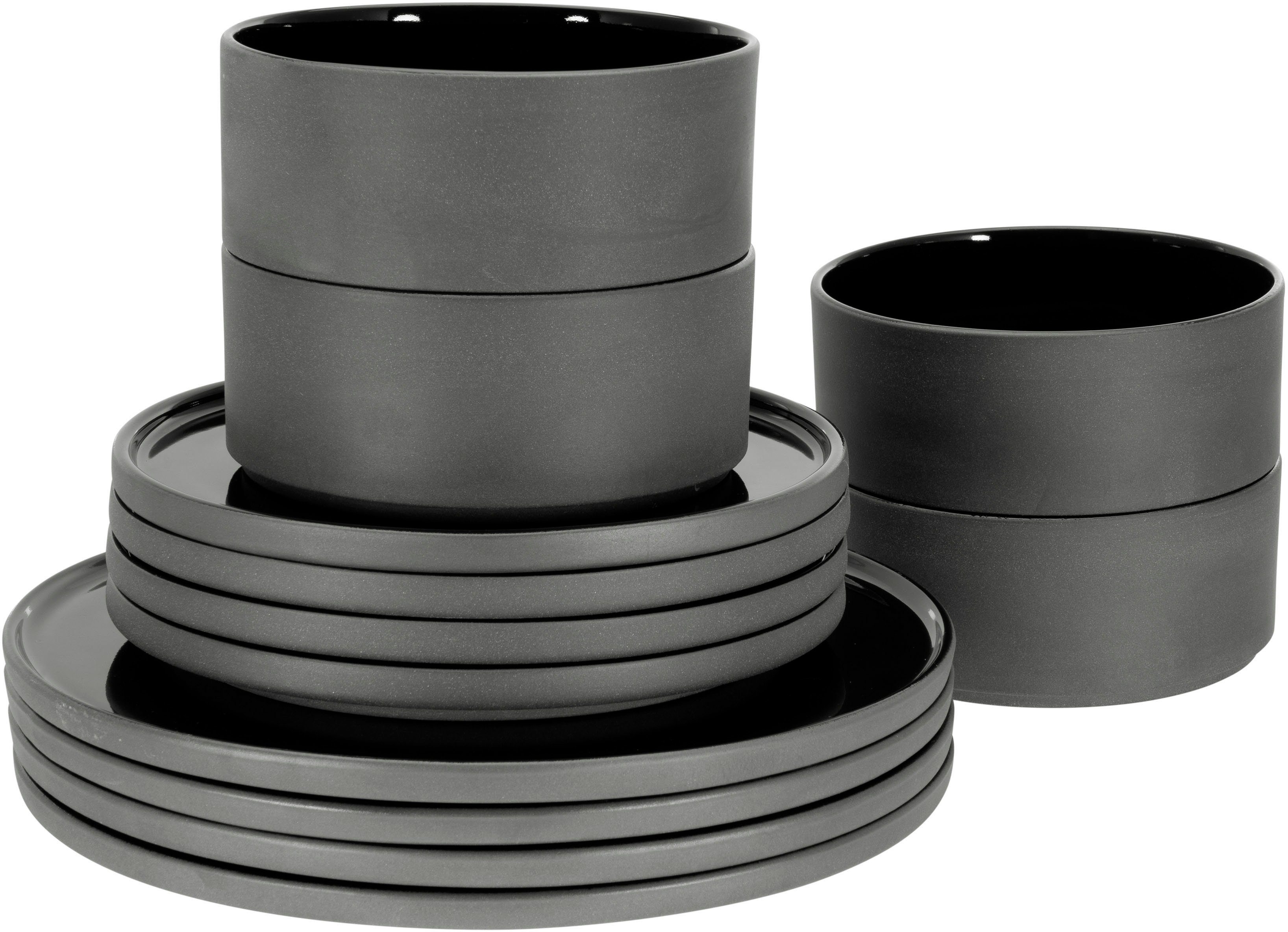 CreaTable Tafelservice Teller Set, Futuro (12-tlg), 4 Personen, Steinzeug, Service, je 4 Speiseteller 26 cm, Dessertteller 20 cm, Schalen 14 cm