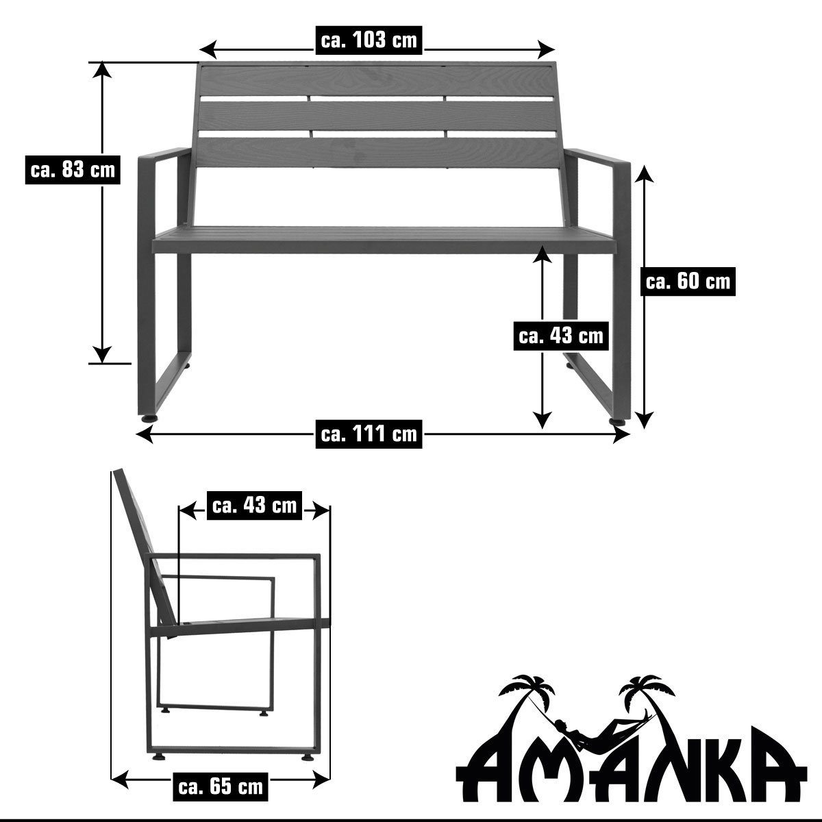 Garten 260 Outdoor, kg cm Metall 111x65x83 Holzoptik bis Gartenbank AMANKA Sitzbank Wetterfest