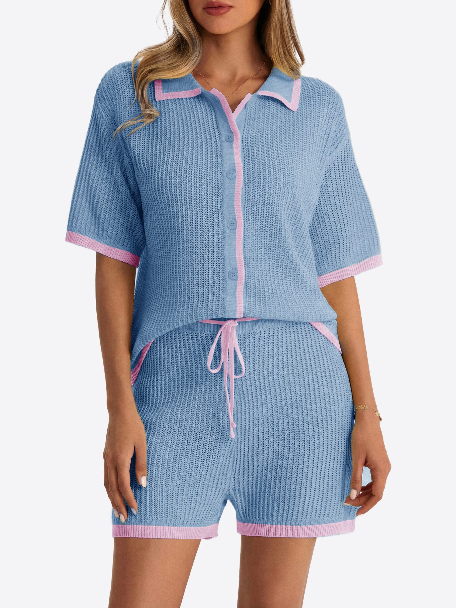 Imily Bela Hausanzug Damen Häkel 2-teiliger Set (Set, 2 tlg., Strickjacke + Shorts) Kontrastfarbige Details – Bild 4 von 5