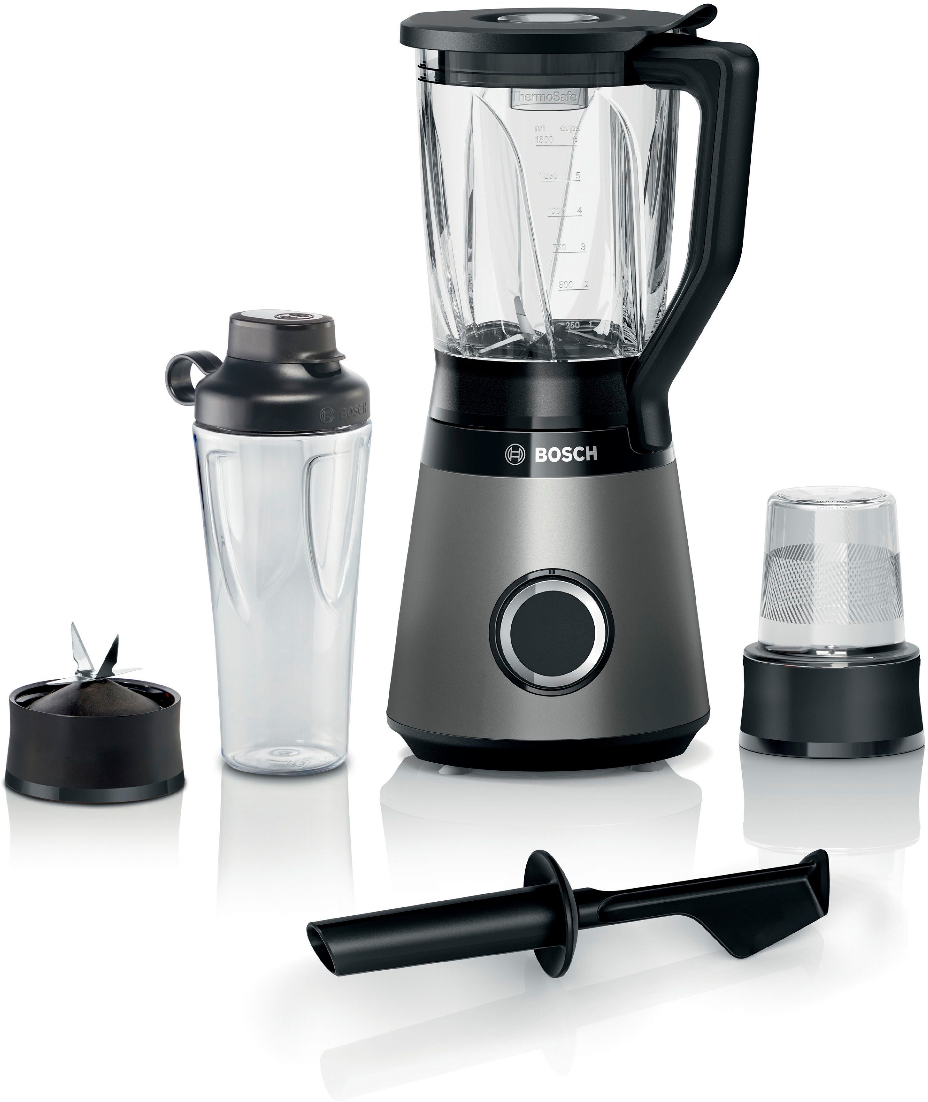 BOSCH Standmixer VitaPower Serie 4 MMB6177S, 30.000 U/min, 1,5l Thermoglas, ToGoFlasche, 1200 W, 4 Klingen-Messer, Universalzerkleinerer, Made in Europe, Kabelstaufach
