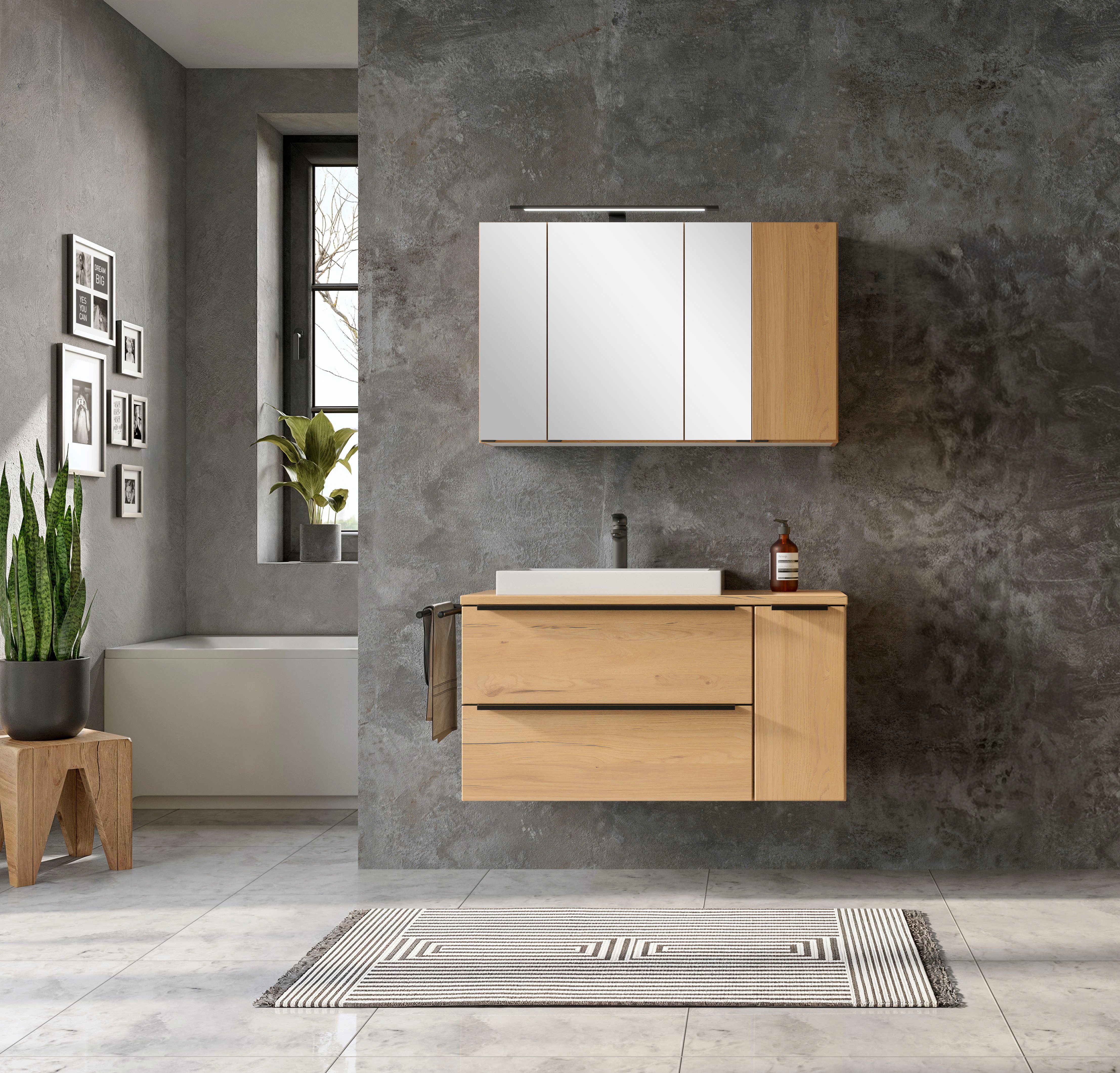 welltime Badmöbel-Set MAILAND, 2 Metall-Vollauszüge mit Softclose, (Maße (B/H/T): ca. 105/200/47 cm), Wildeiche, LED-Aufbauleuchte, hochwertiges Keramikbecken