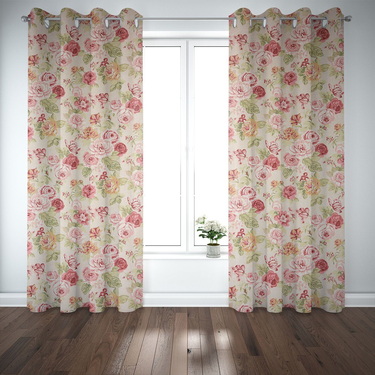 SCHÖNER LEBEN. Vorhang SCHÖNER LEBEN. Vorhang Blumen Rosen beige grün rot 245cm, Ösen, blickdicht, Baumwolle, handmade