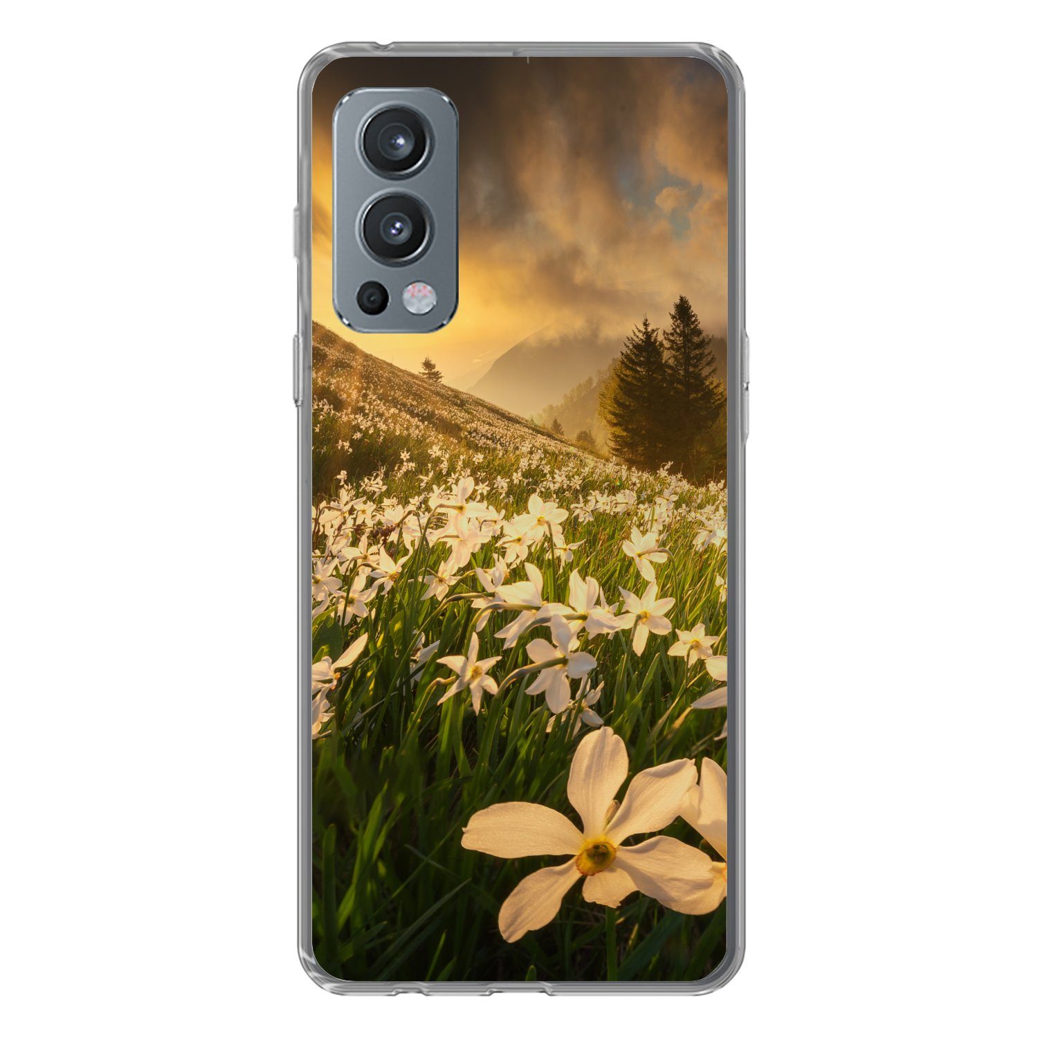 MuchoWow Handyhülle für OnePlus Nord 2 5G Blumenfeld - Hügel - Sonnenuntergang - Berg - Na, Phone Case, Silikon, Schutzhülle Dünn